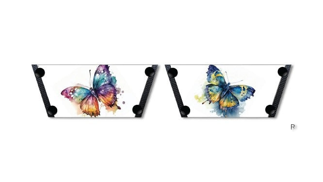 Watercolour Wings snap-on shoe strap set close-up - rainbow watercolour butterfly and teal orange butterfly on white by Soule