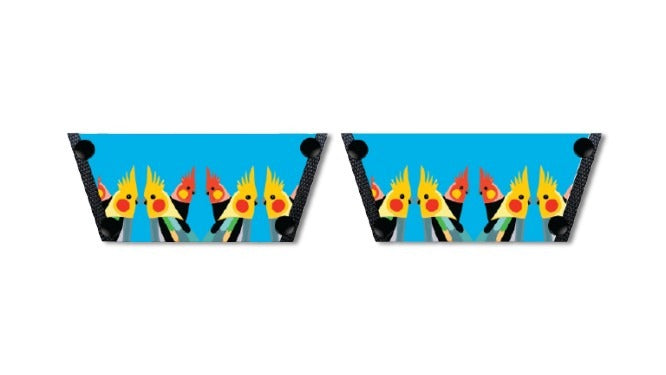 Cockatiel Choir snap-on shoe strap set close-up  - bold row of illustrated cockatiels with yellow crests on vivid sky blue by Soule