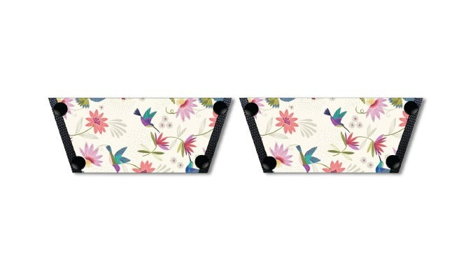 Hummingbird Garden snap-on shoe strap set close-up - jewel-toned hummingbirds with pink flowers on soft cream by Soule