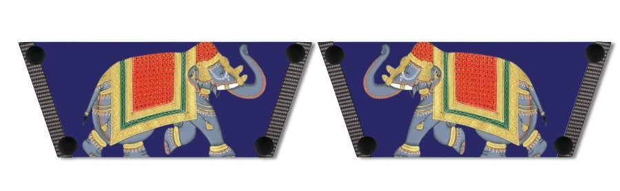 Royal Elephant snap-on shoe strap set close-up ceremonial Indian elephant trunk raised on royal indigo by Soule