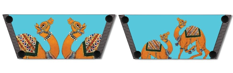 Desert Royale snap-on shoe strap set close-up - mirrored golden camels and dynamic camel duo on turquoise by Soule