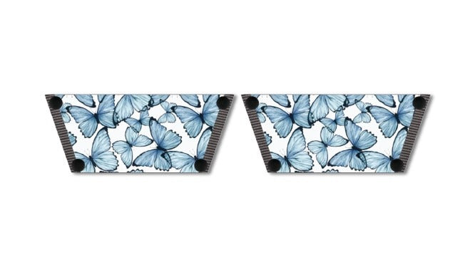 Blue Morpho snap-on shoe strap set close-up - large watercolour blue morpho butterflies on crisp white by Soule