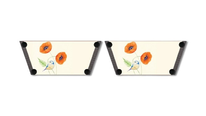 Poppy & Robin snap-on shoe strap set close-up - watercolour orange poppies and blue tit bird on soft cream by Soule
