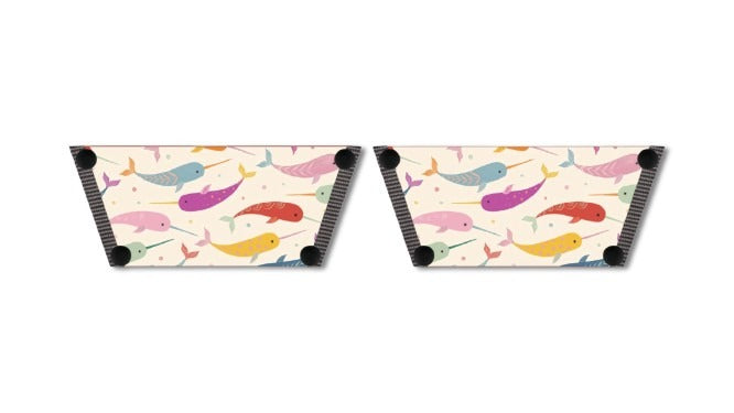Narwhal Dreams snap-on shoe strap set close-up - rainbow narwhals on soft cream by Soule