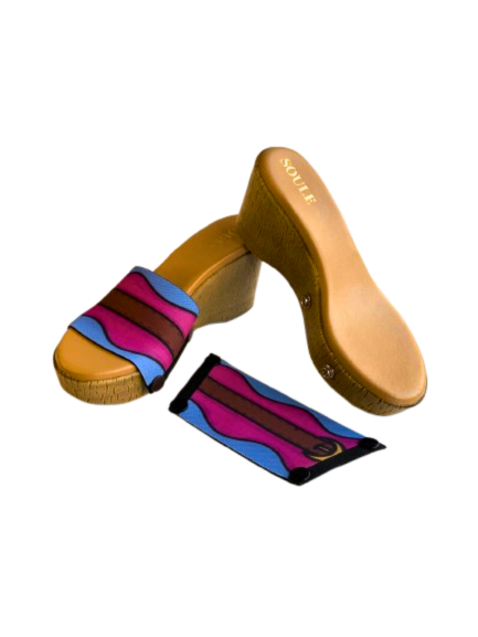 Beige Brush Sole with aqua saddle groove strap – Soule interchangeable women's wedge sandal, available in UK 3–8