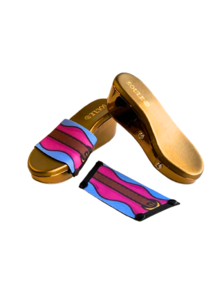 Metallic Muse Sole with aqua saddle groove strap – Soule interchangeable women's wedge sandal, available in UK 3–8