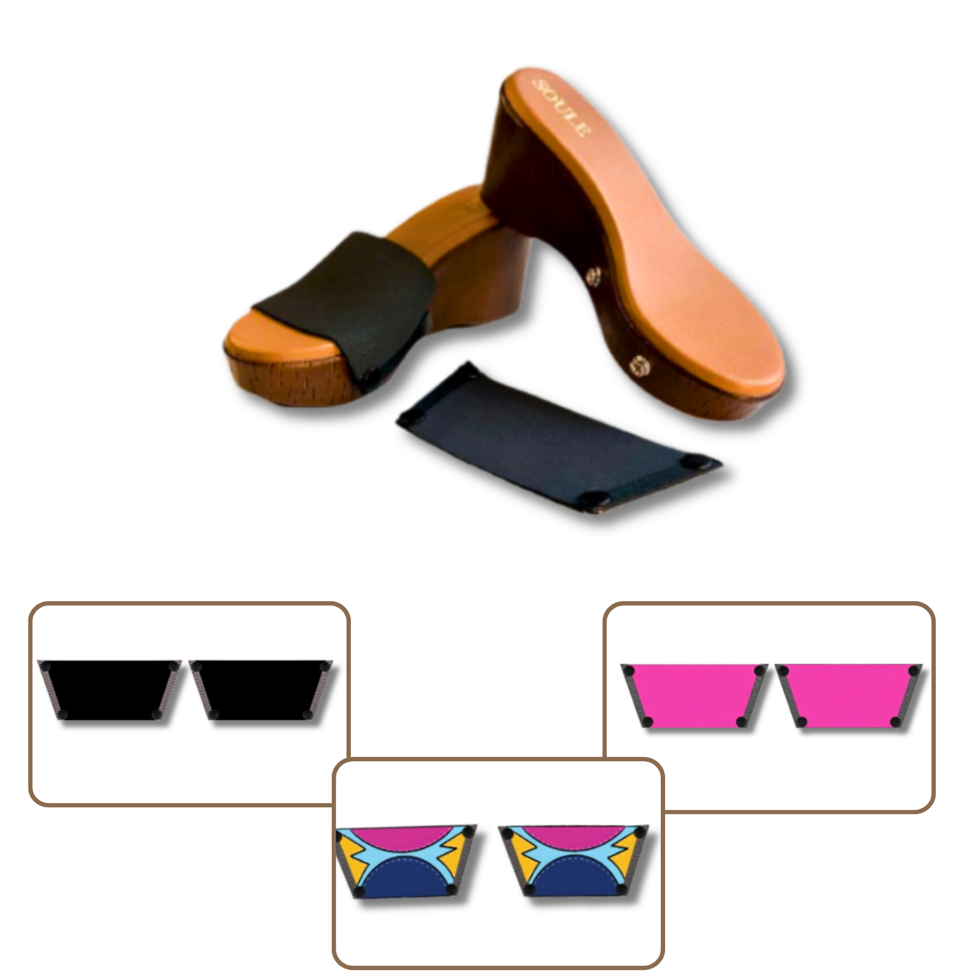Soule wedge sandal combo shot — Midnight Black + Shocking Pink + Cosmic Burst interchangeable straps