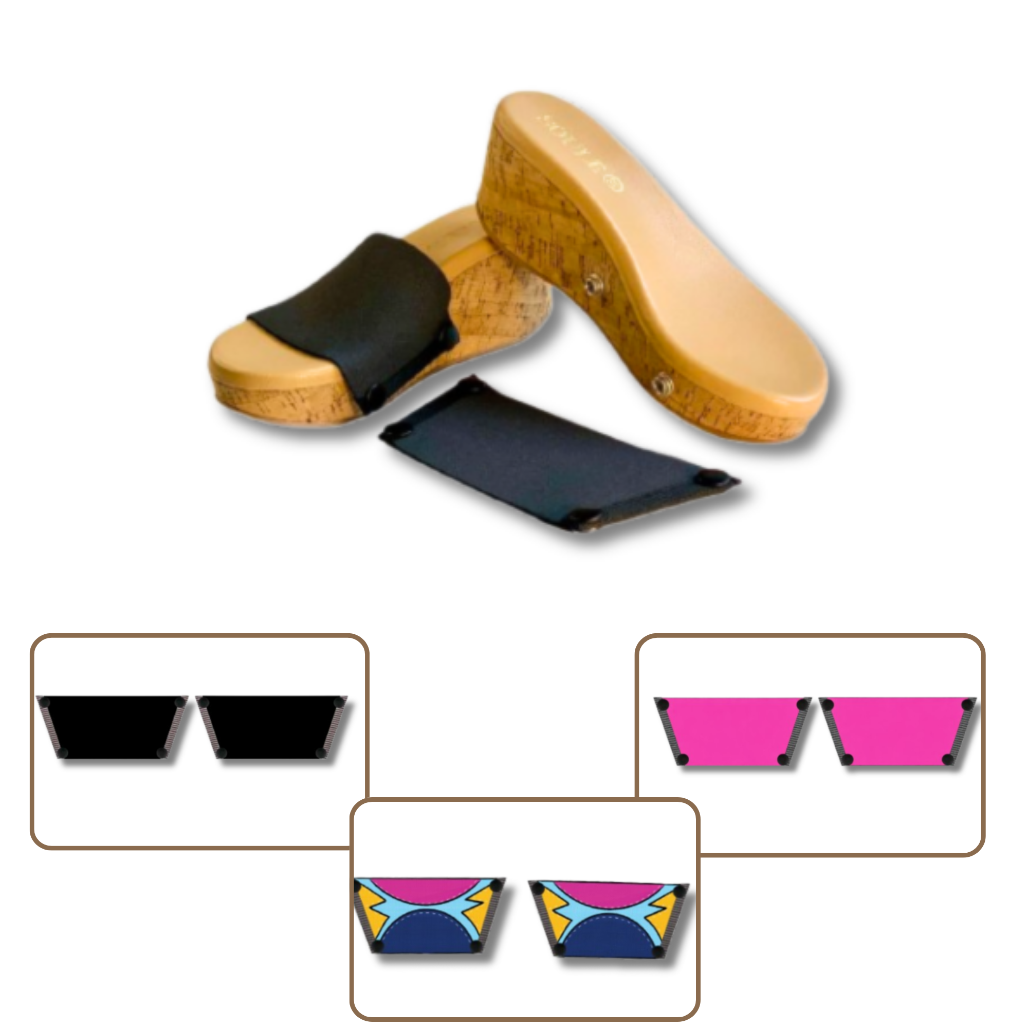 Soule cork wedge sandal combo shot — Midnight Black + Shocking Pink + Cosmic Burst interchangeable straps
