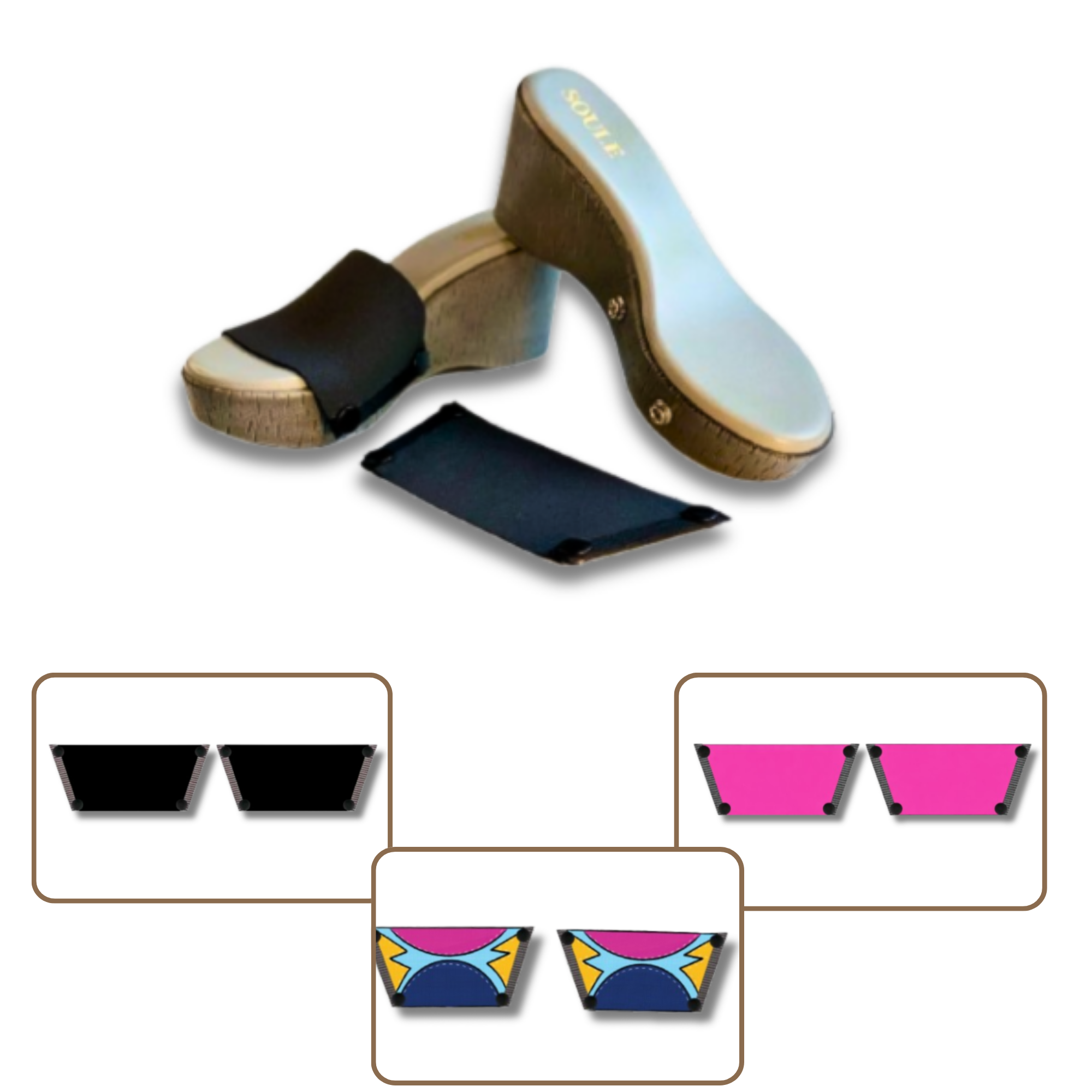 Soule grey brush wedge sandal combo shot — Midnight Black + Shocking Pink + Cosmic Burst interchangeable straps
