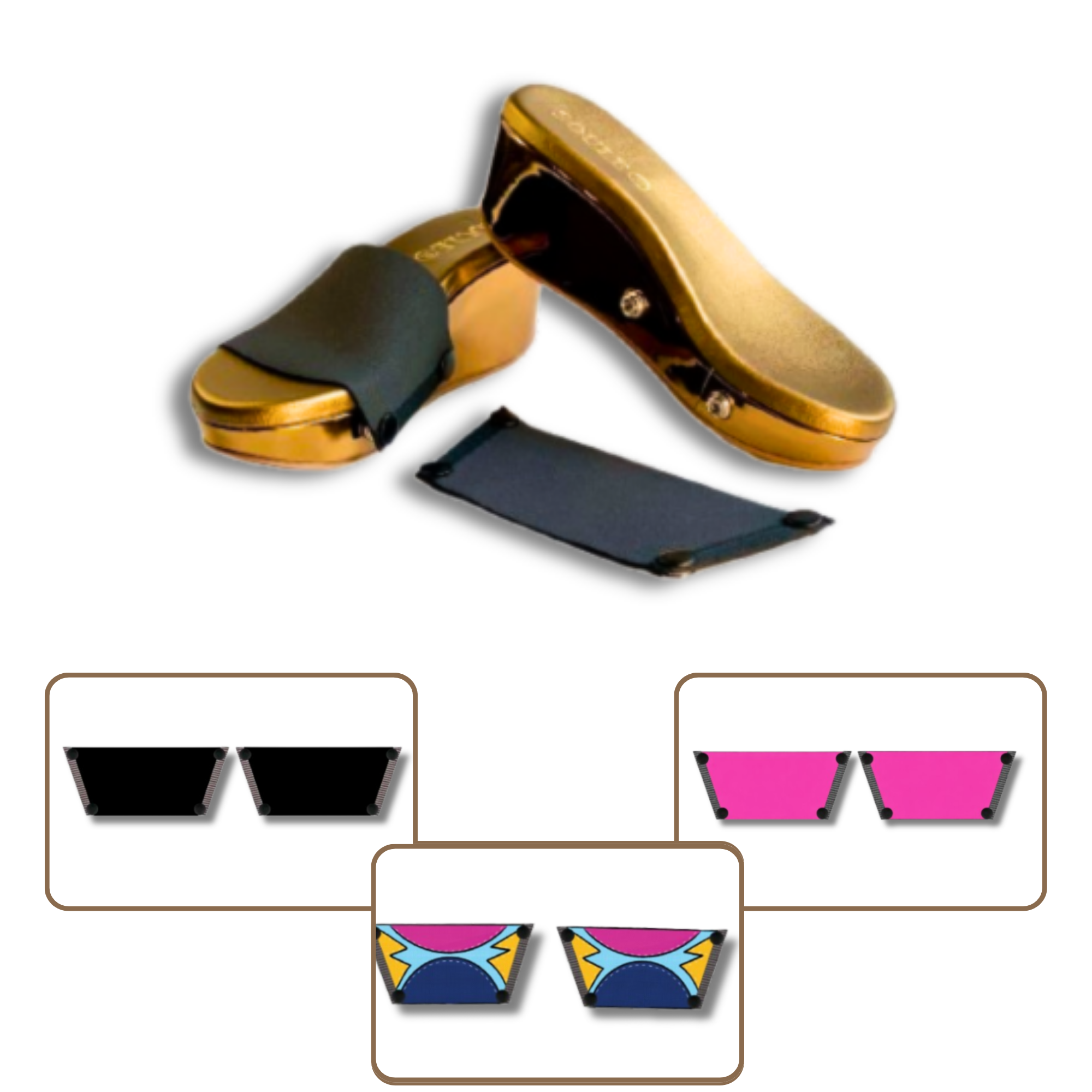 Soule gold wedge sandal combo shot — Midnight Black + Shocking Pink + Cosmic Burst interchangeable straps