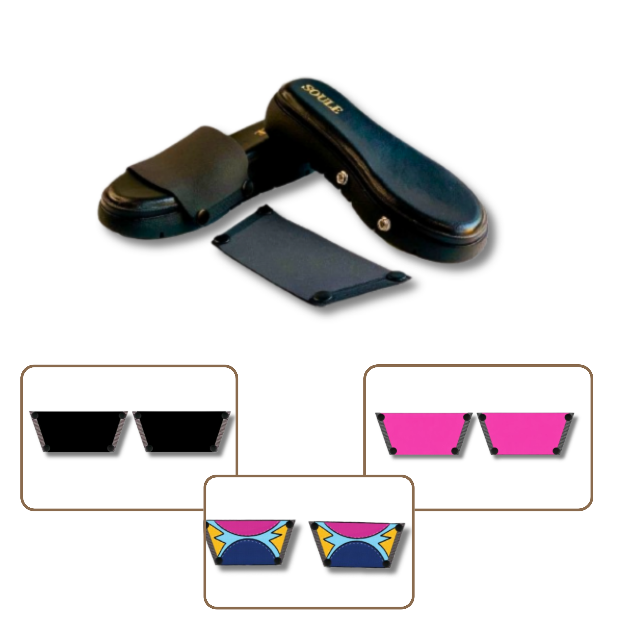 Soule wedge sandal combo shot — Midnight Black + Shocking Pink + Cosmic Burst interchangeable straps
