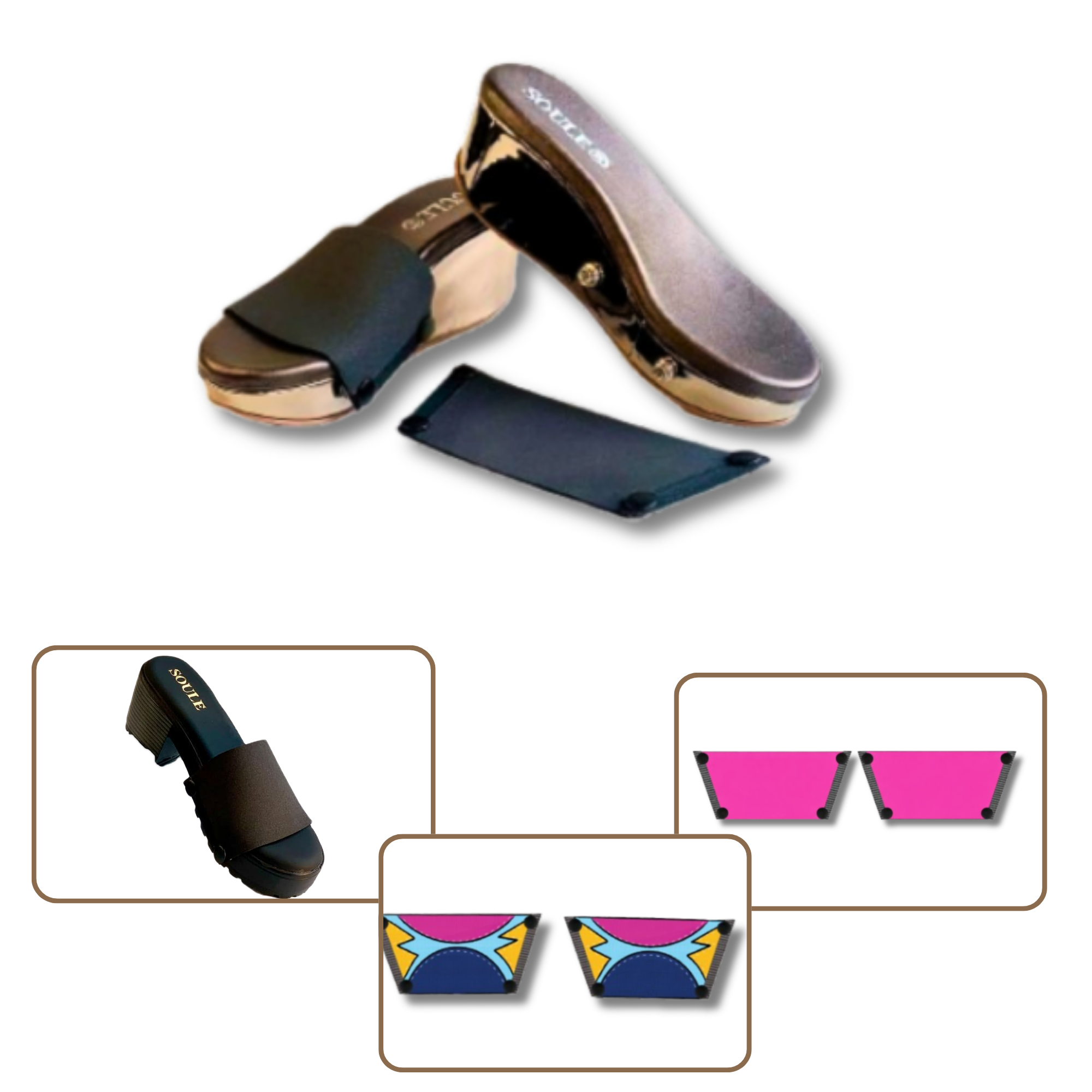 Soule wedge sandal combo shot — Midnight Black + Shocking Pink + Cosmic Burst interchangeable straps