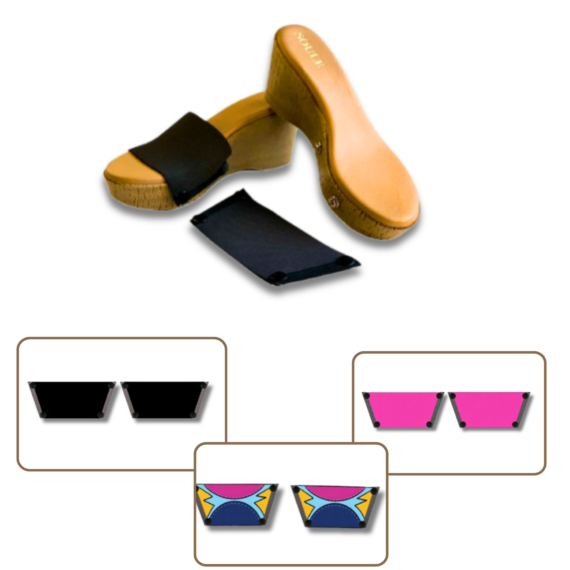 Soule wedge sandal combo shot — Midnight Black + Shocking Pink + Cosmic Burst interchangeable straps