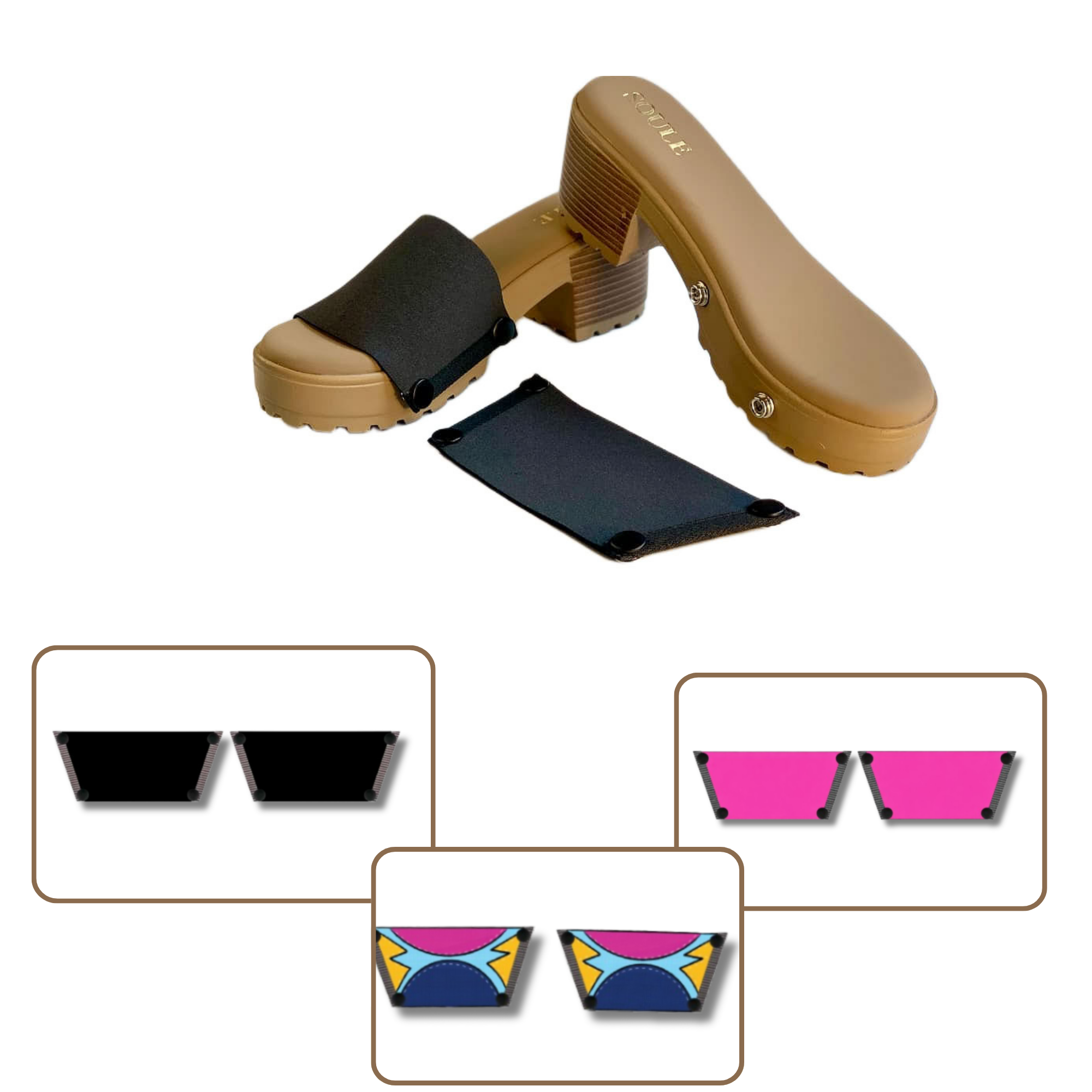 Soule wedge sandal combo shot — Midnight Black + Shocking Pink + Cosmic Burst interchangeable straps