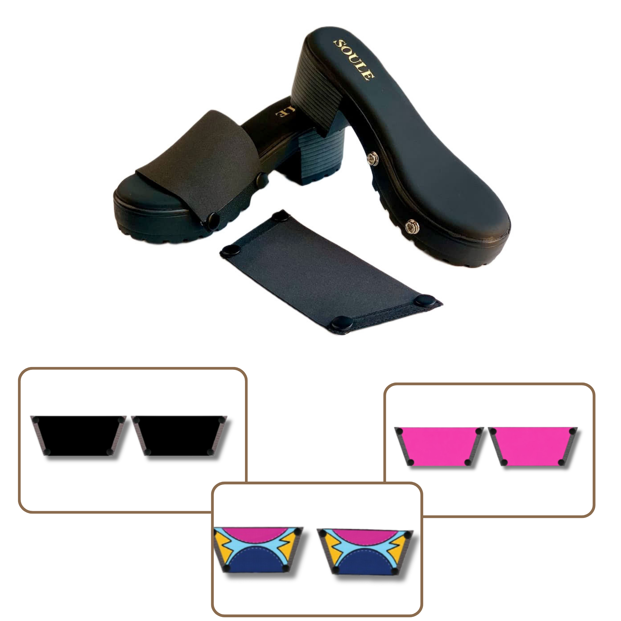 Soule interchangeable black sandal with Midnight Black, Shocking Pink and Cosmic Burst straps — hero combo shot