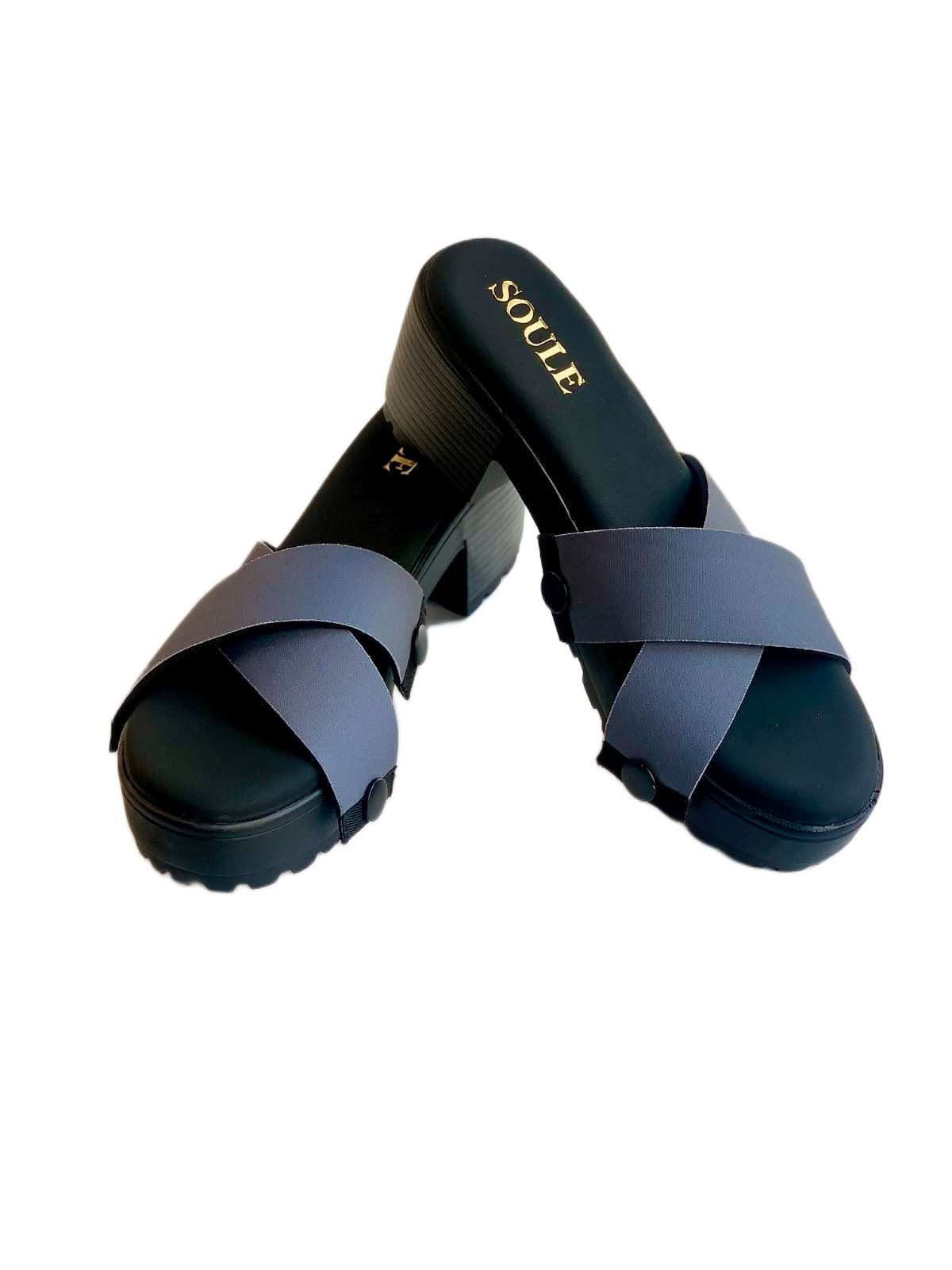 Grey criss-cross interchangeable shoe strap set on Soule black platform block-heel sole — top view showing criss-cross silhouette and black snap buttons