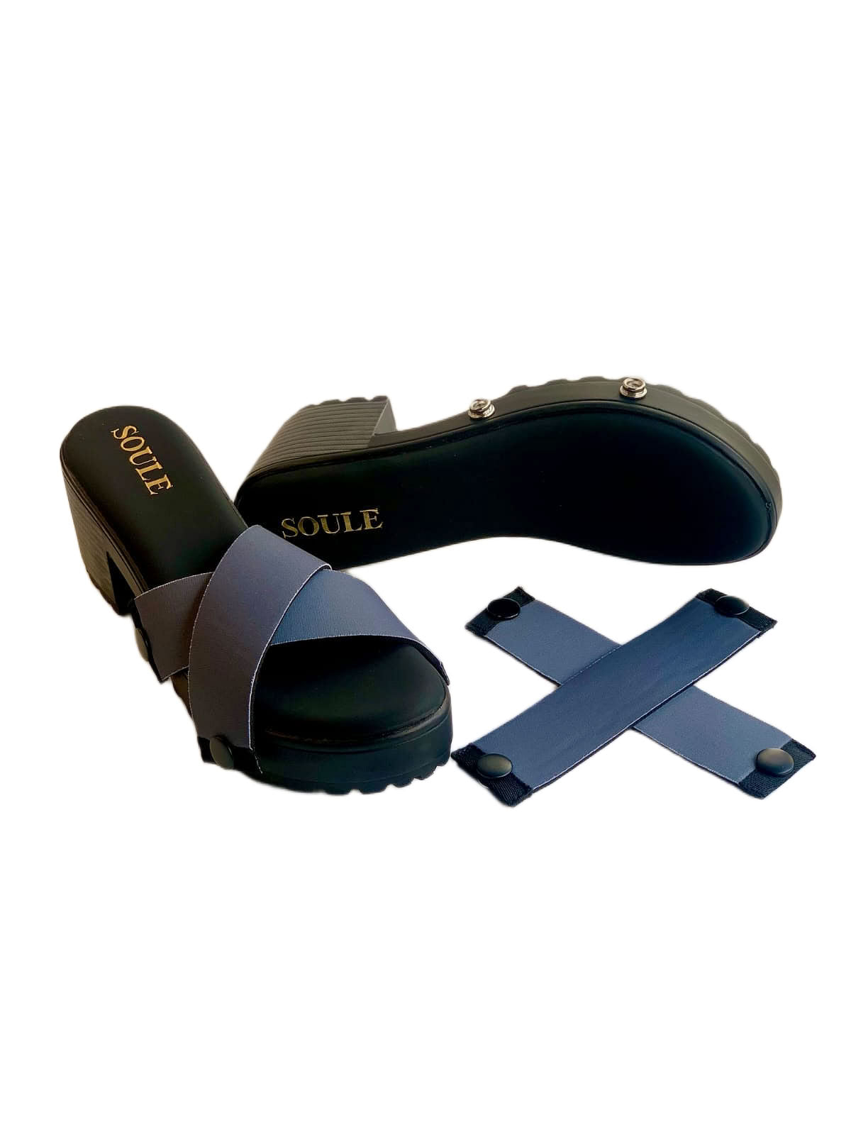 Grey criss-cross interchangeable shoe straps by Soule Footwear — two grey bands in criss-cross formation with black snap connectors, sole sold separately