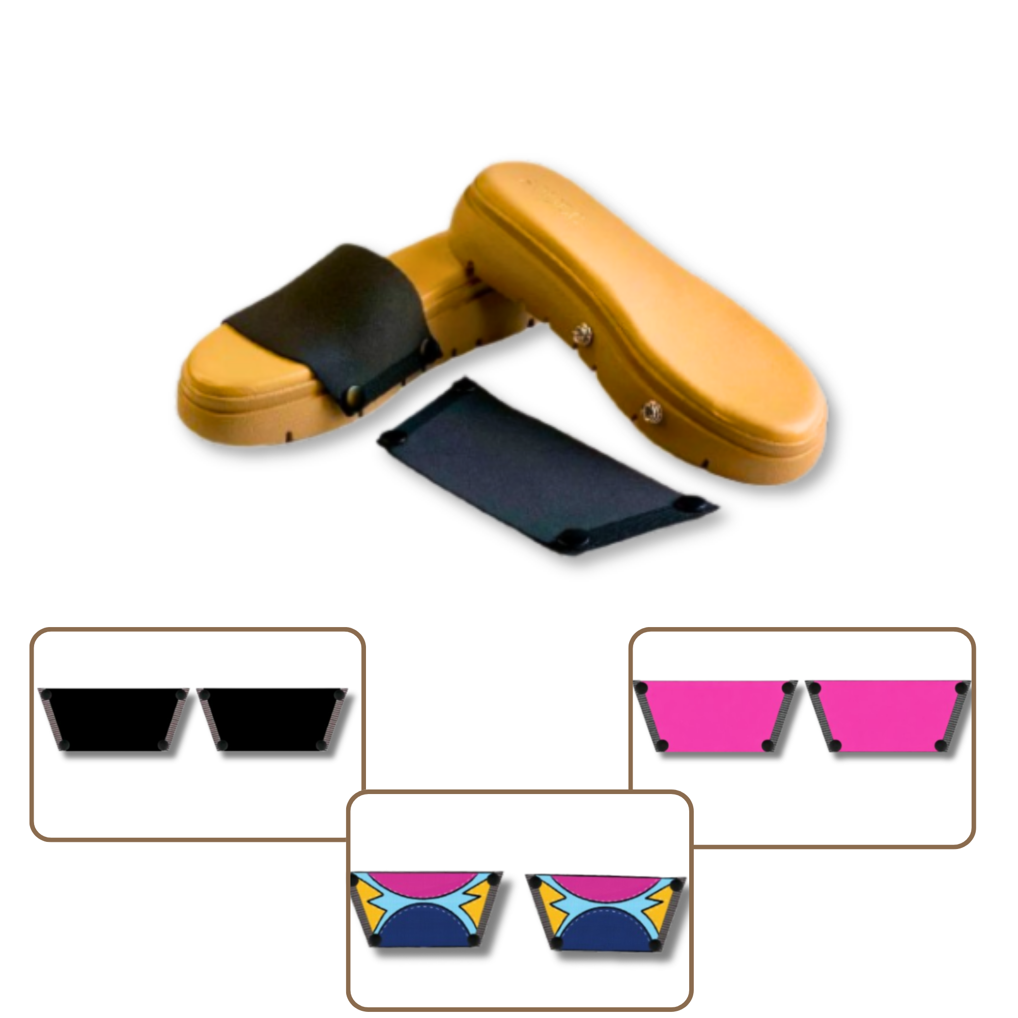 Soule interchangeable beige wedge sandal with Midnight Black, Shocking Pink and Cosmic Burst straps — hero combo shot