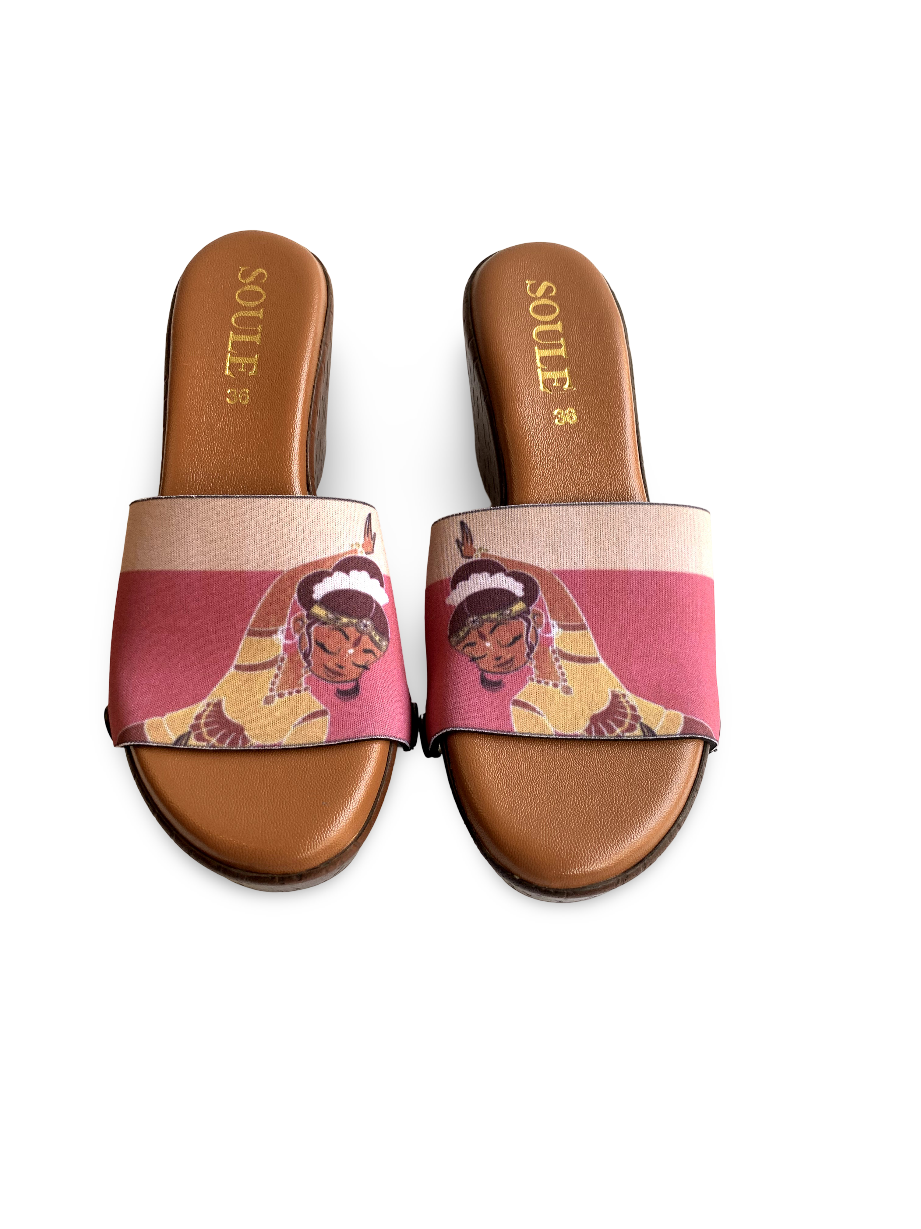 Close-up of Graceful Heritage Dance Bharatanatyam classical dancer vibrant yellow and gold interchangeable strap on brown wedge sole by Soule Footwear 