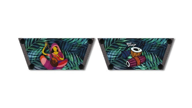 Close-up of Raaga strap sandal — Indian classical music illustration with veena musician and tabla drums with black snap closures, by Soule Footwear