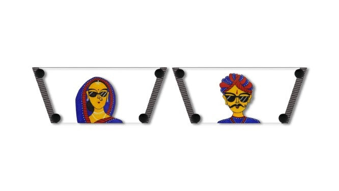 Close-up of Desi Cool strap sandal — quirky Rajasthani folk art woman in blue saree and sunglasses with black snap closures, by Soule Footwear