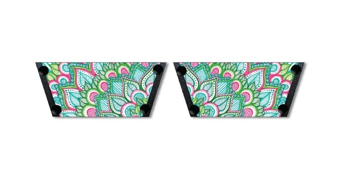 Close-up of Vibrant Mandala strap sandal — large teal and pink lotus mandala print with black snap closures, by Soule Footwear