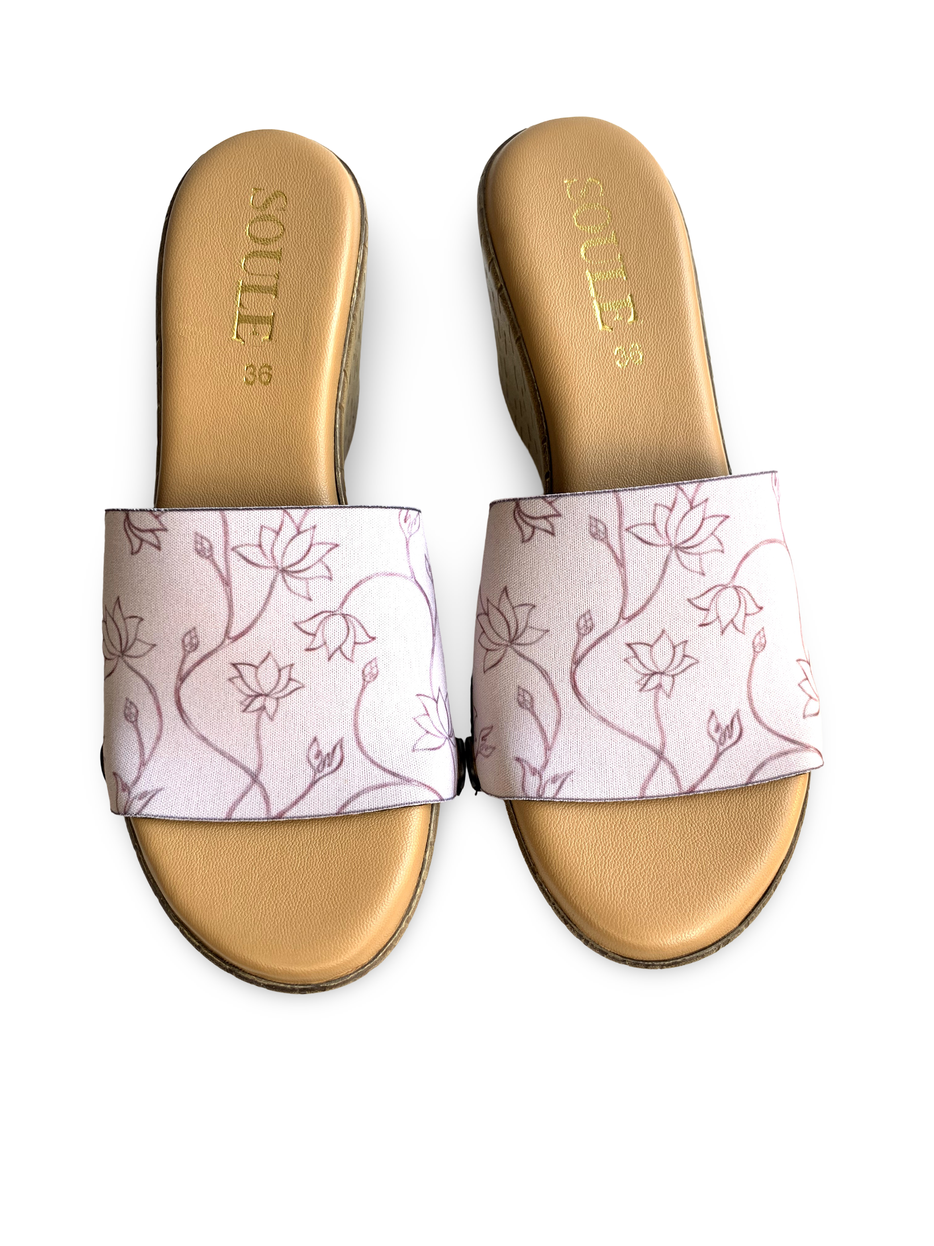 Lotus Bloom women's shoe strap flat lay showing lotus floral print by Soule