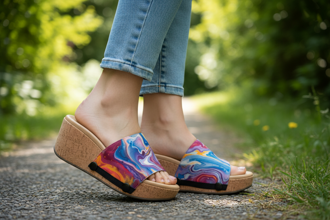 Mid shot — full sandal in denim outdoors