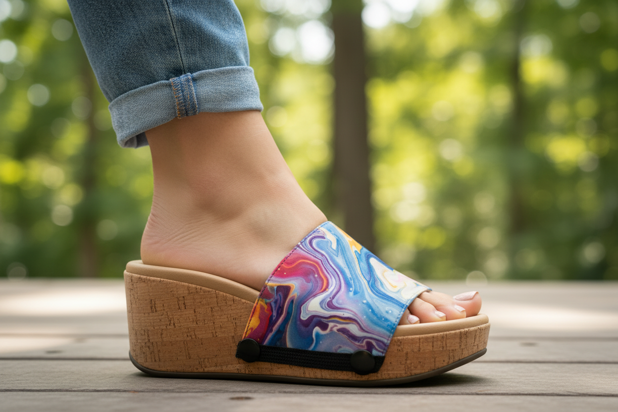 Close-up — fluid art strap on cork wedge