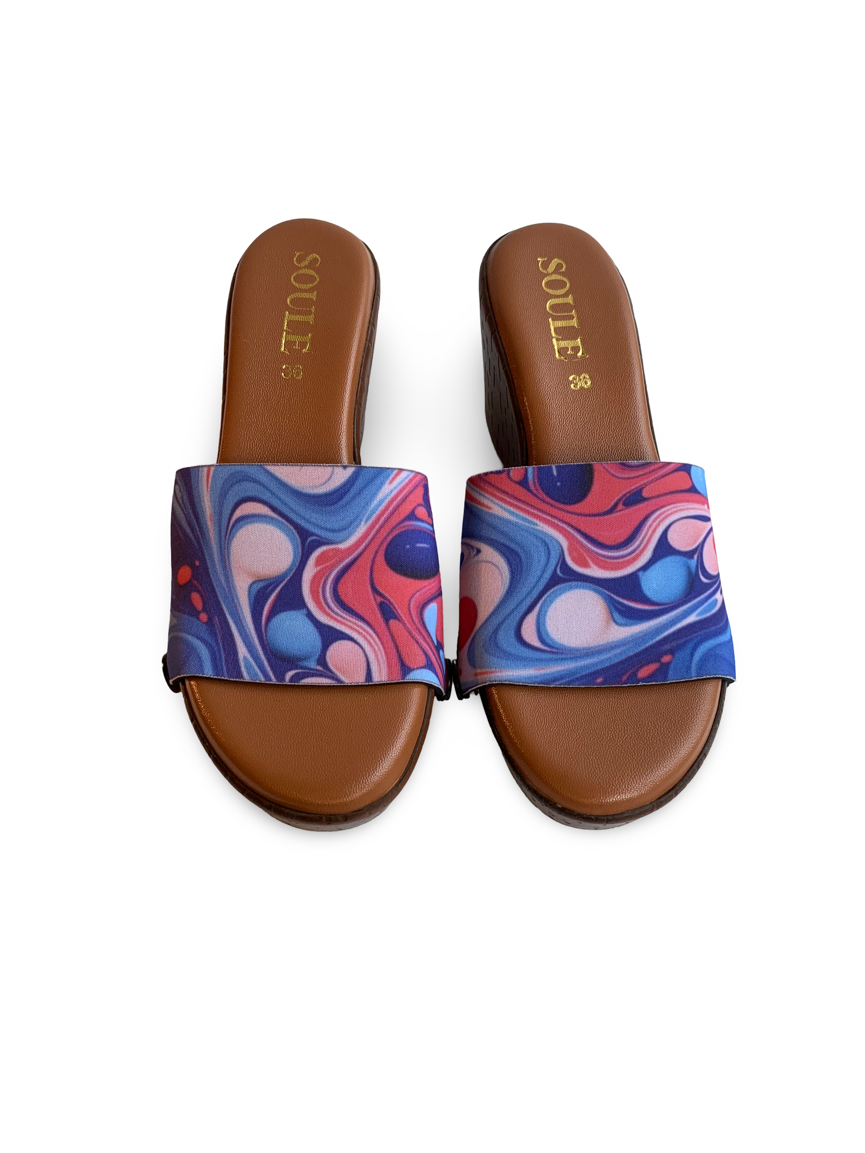 Playful Fluid Art snap-on shoe strap close-up on cork wedge sole - red white blue swirl by Soule