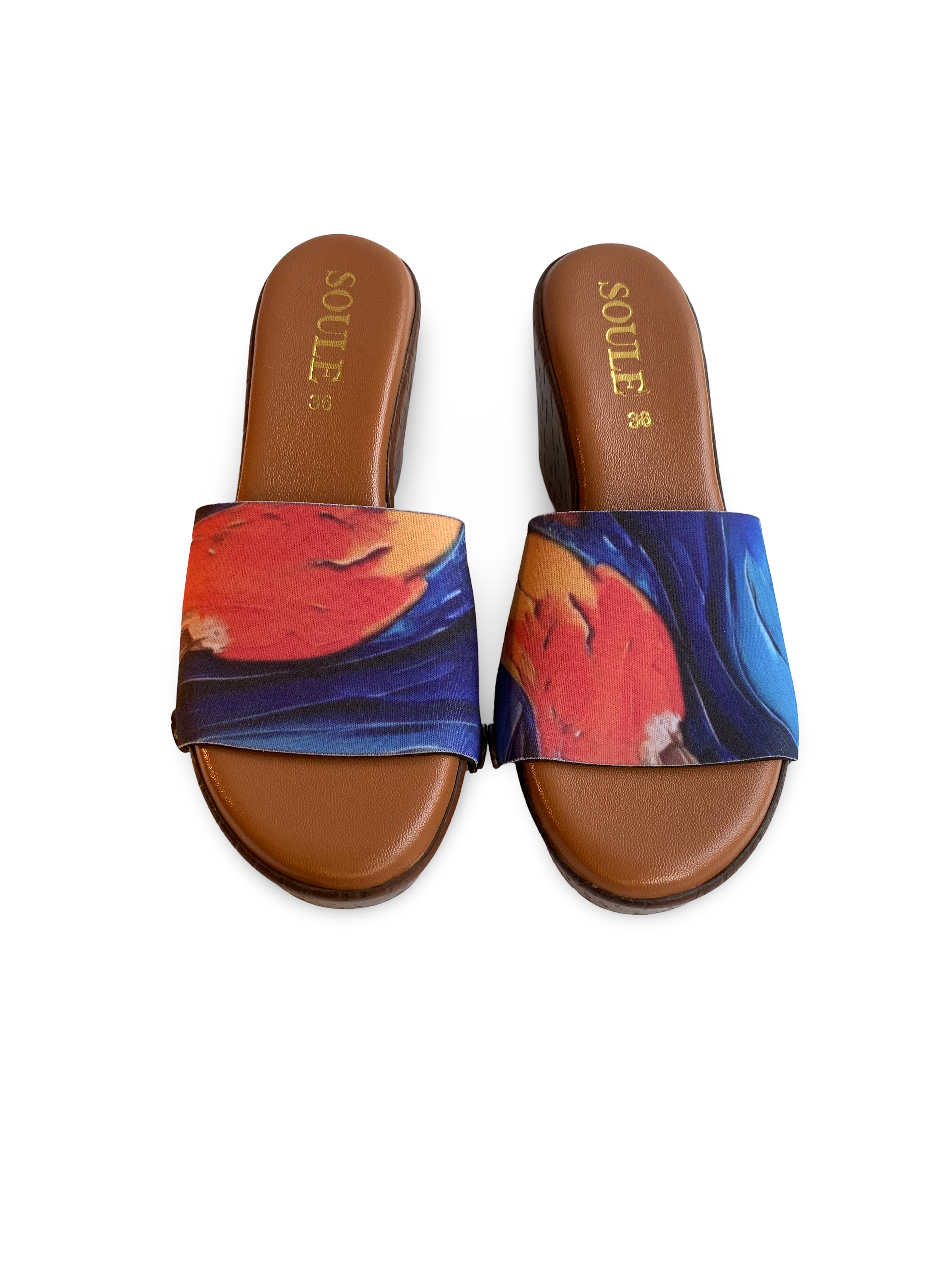 Bold Fluid Art snap-on shoe strap close-up on cork wedge sole - orange red flame swirl by Soule