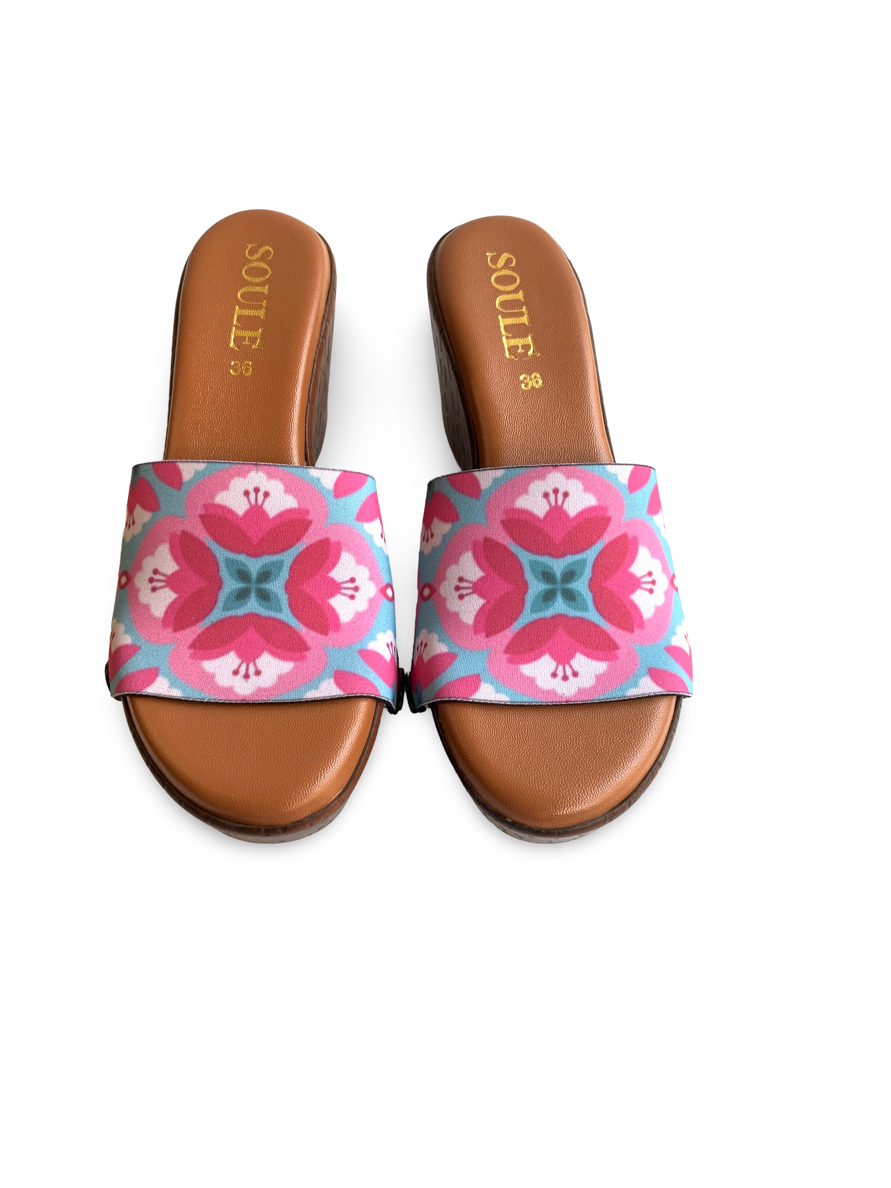 Close-up of Gulbagh Floral strap sandal — bold pink and teal kaleidoscope tulip print on brown wedge sole with black snap closures, by Soule Footwear