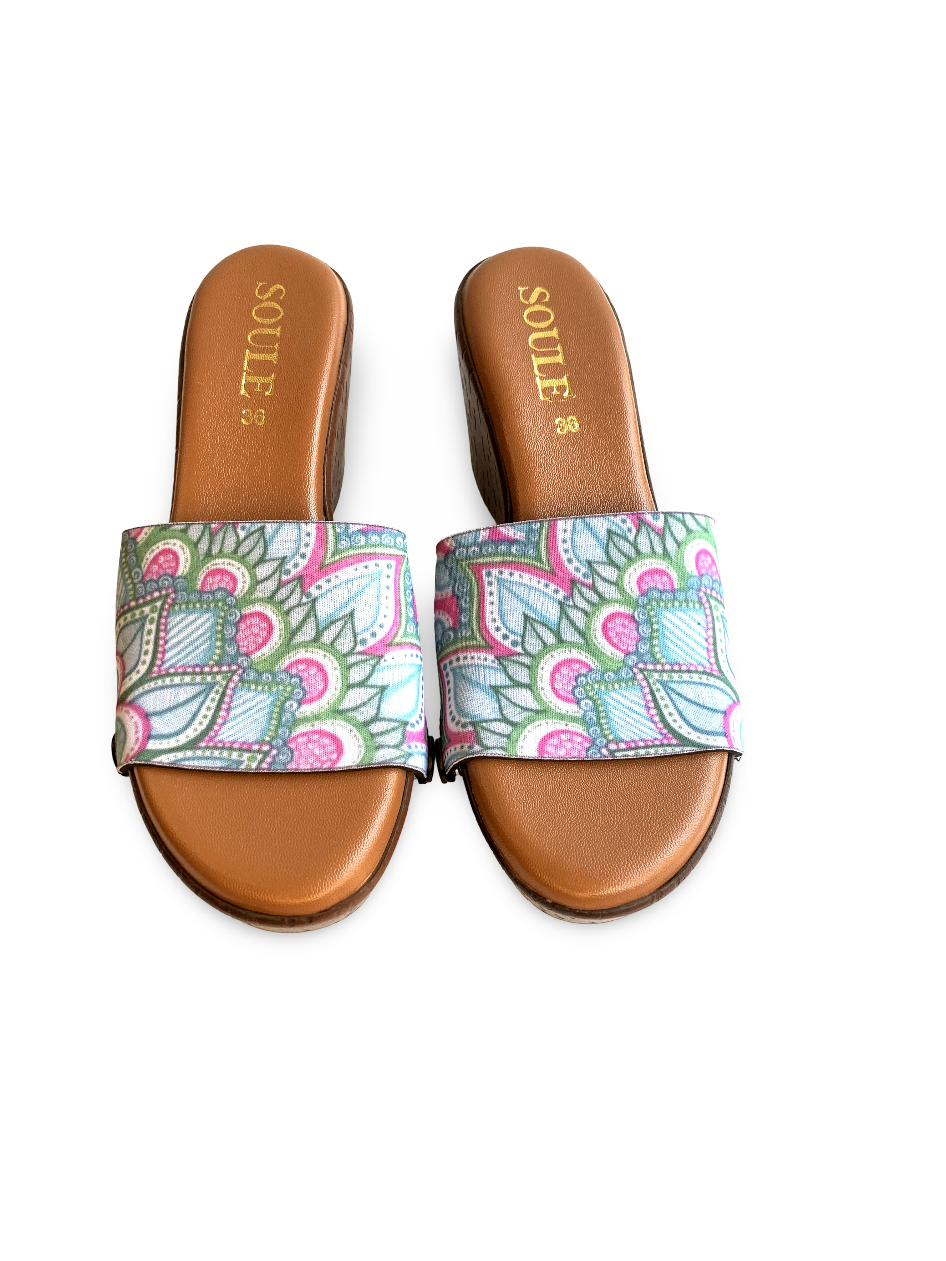 Close-up of Vibrant Mandala strap sandal — large teal and pink lotus mandala print on brown wedge sole with black snap closures, by Soule Footwear