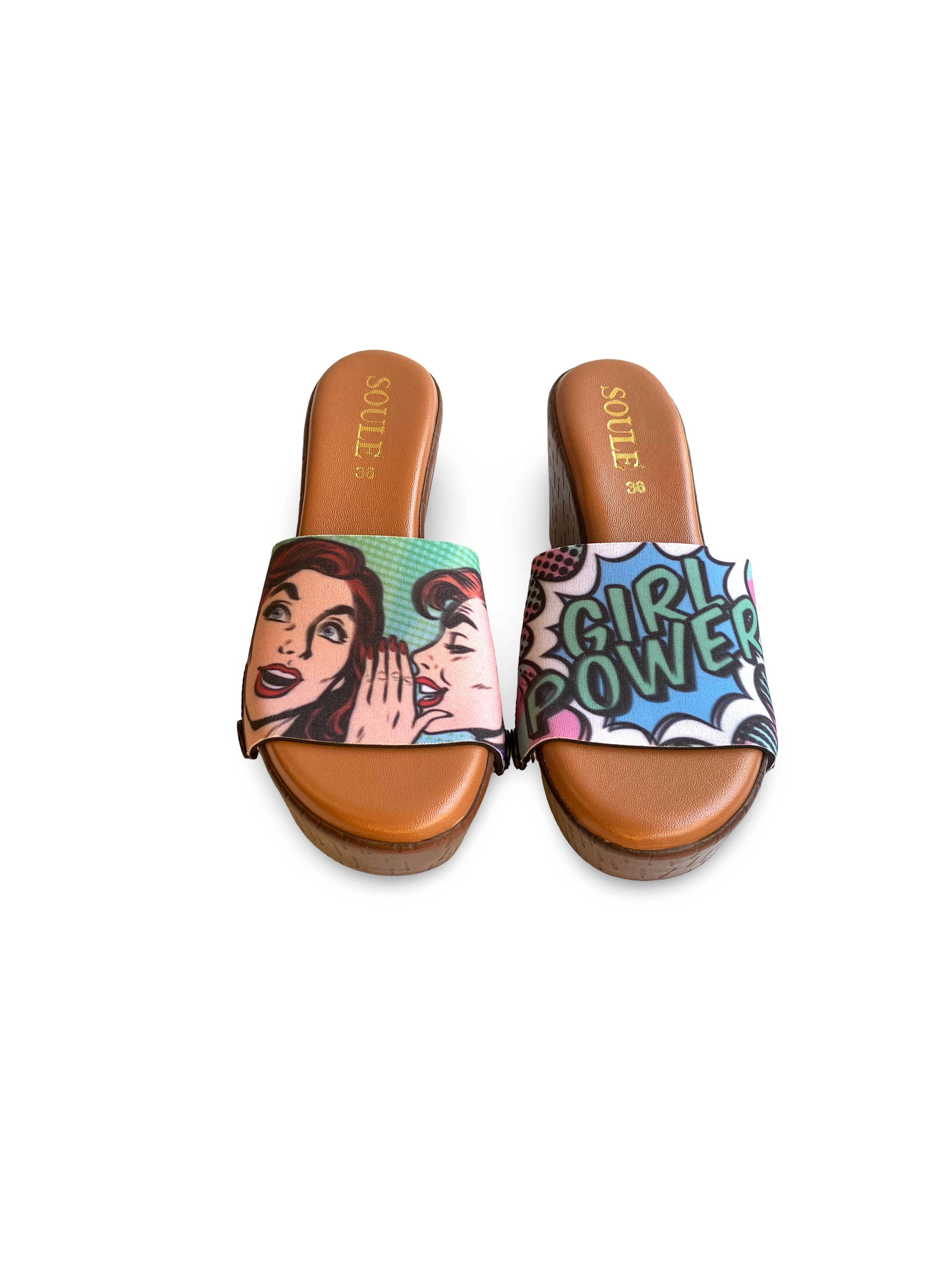 Girl Power snap-on shoe strap set close-up on cork wedge - GIRL POWER speech bubble and Lichtenstein sisterhood straps by Soule