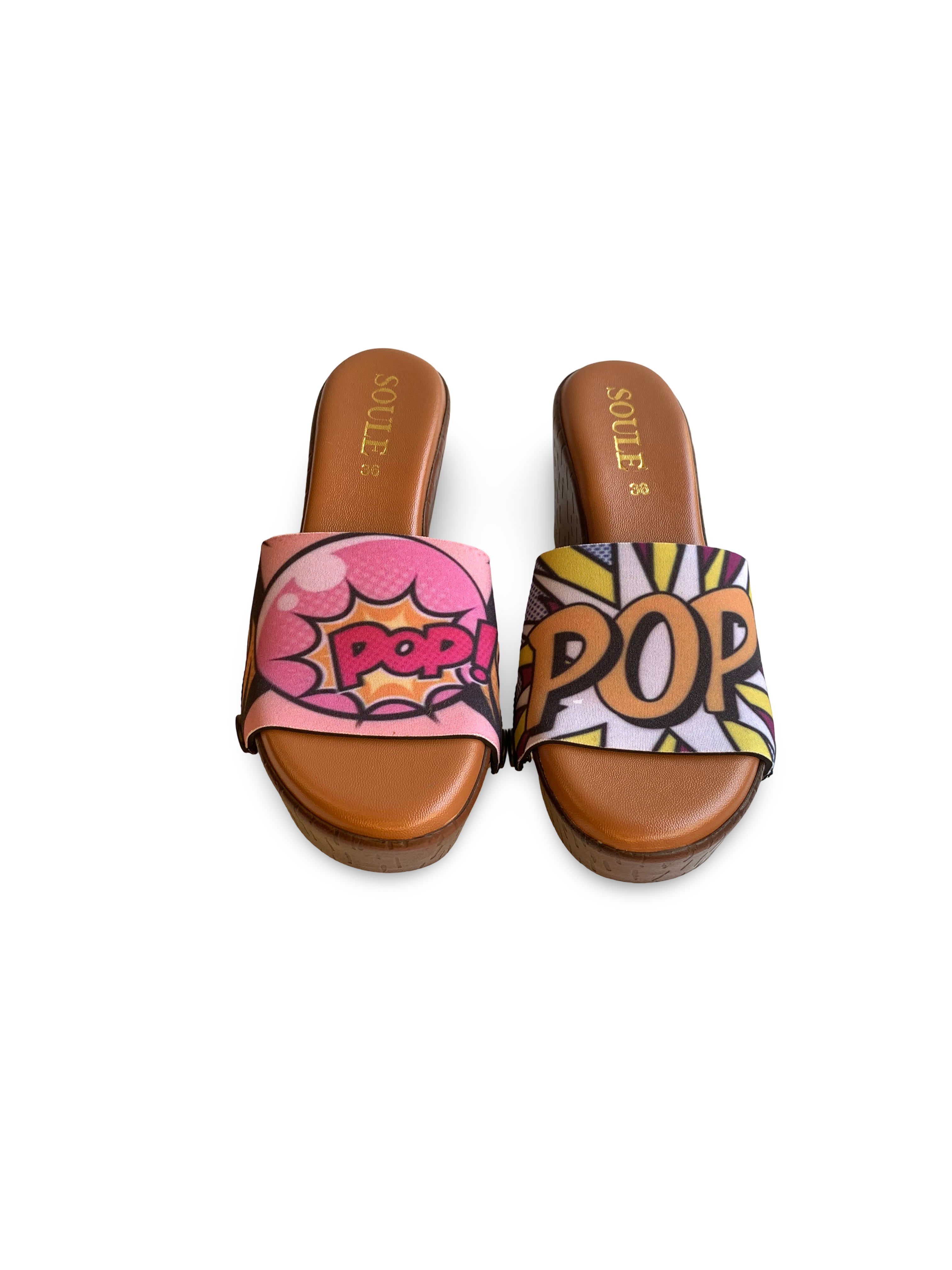 Pop! snap-on shoe strap close-up - pink POP! and lavender POP! comic book speech bubble straps by Soule