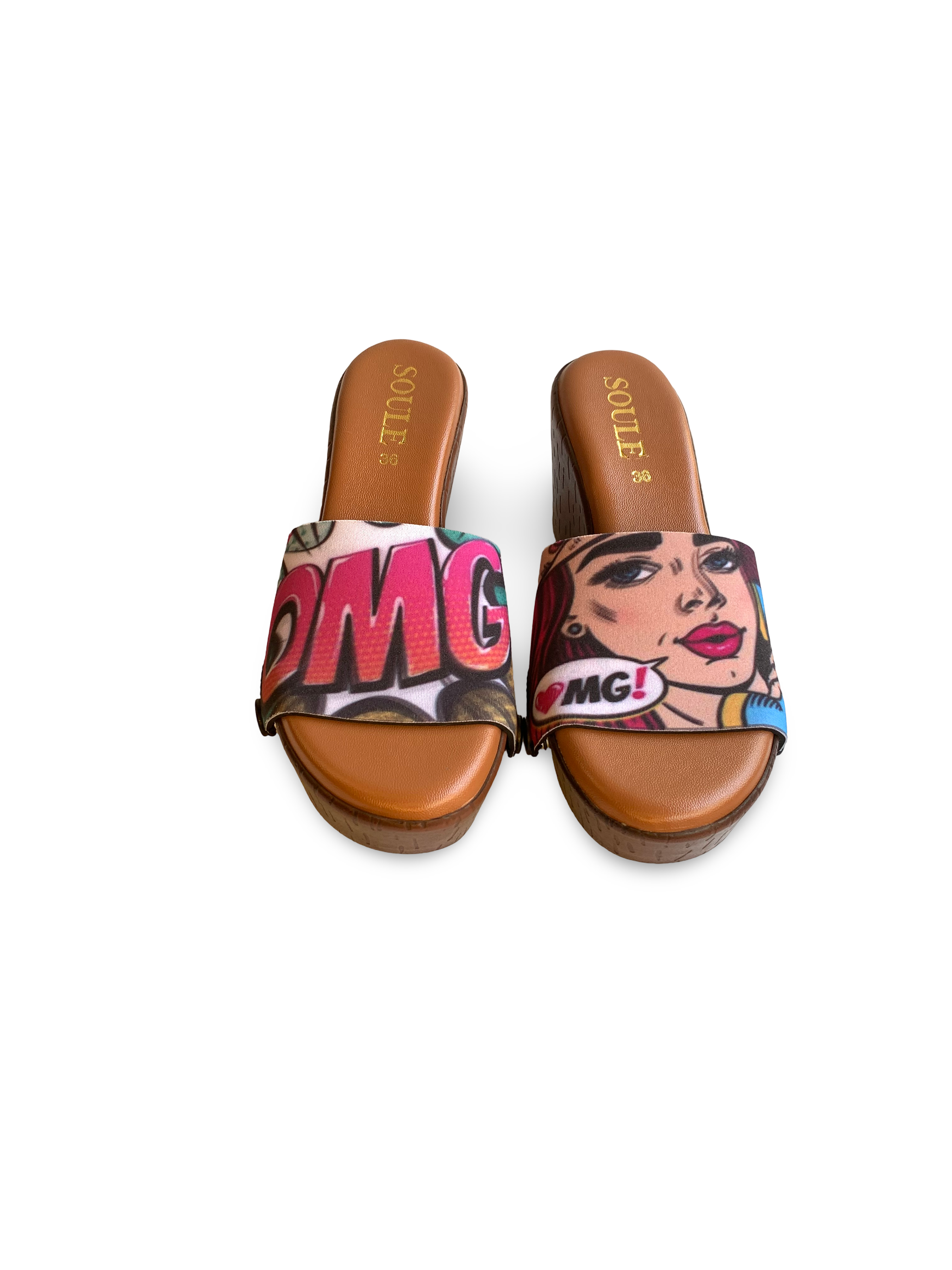 OMG snap-on shoe strap set close-up on cork wedge - multicolour OMG starburst and Lichtenstein telephone girl by Soule