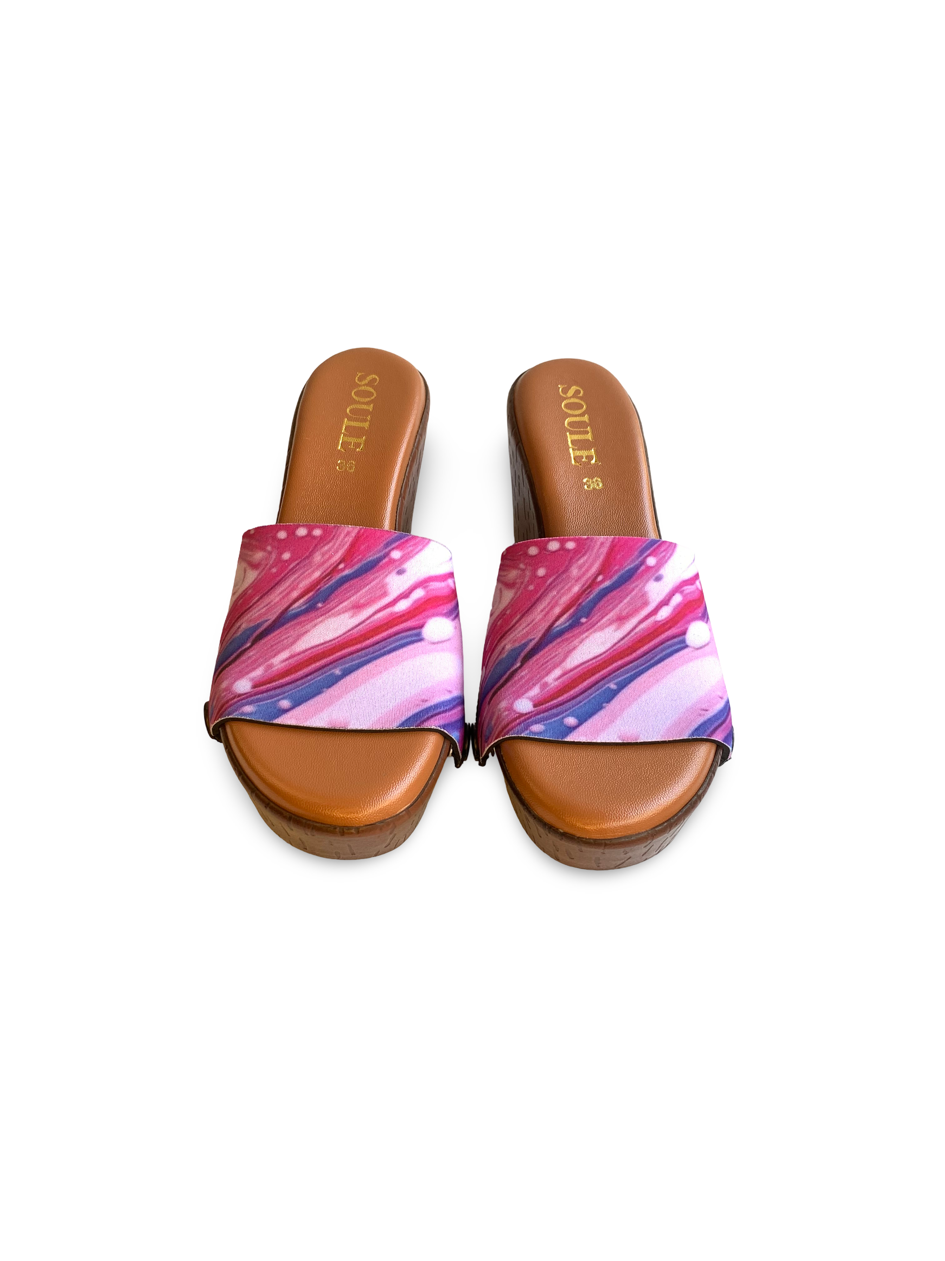 Pink Fluid Art snap-on shoe strap close-up on cork wedge sole - hot pink magenta swirl by Soule