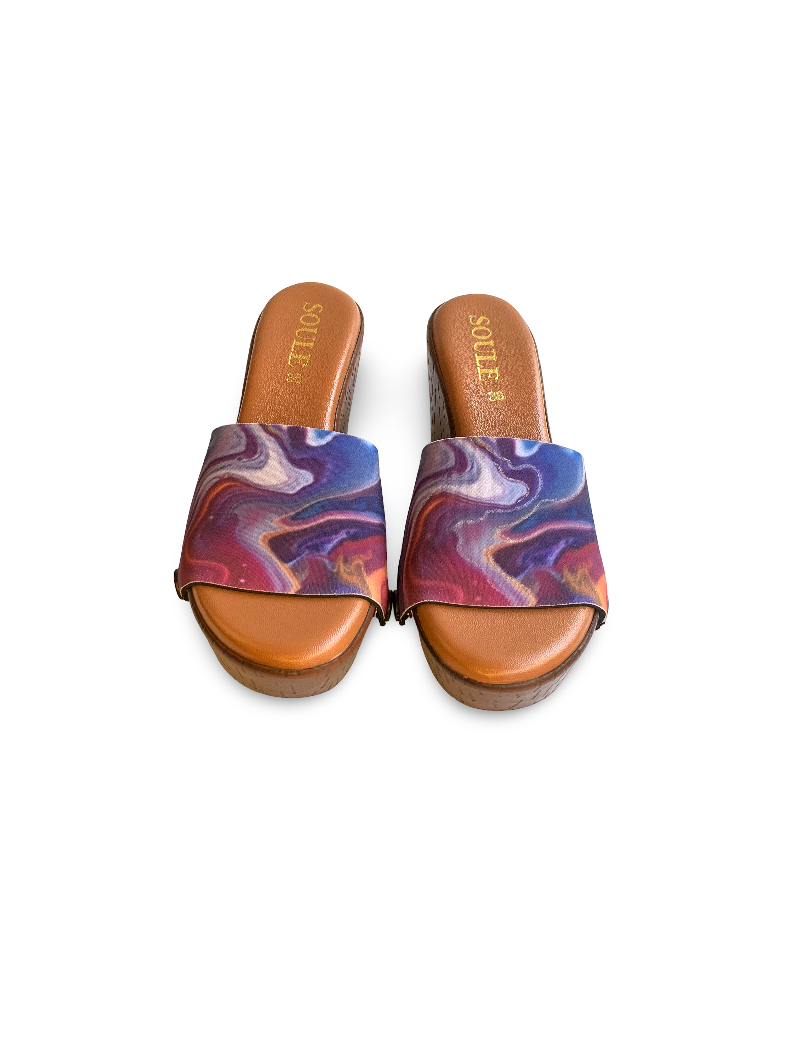 Fluid Art snap-on shoe strap close-up on cork wedge sole - multicolour swirl detail by Soule