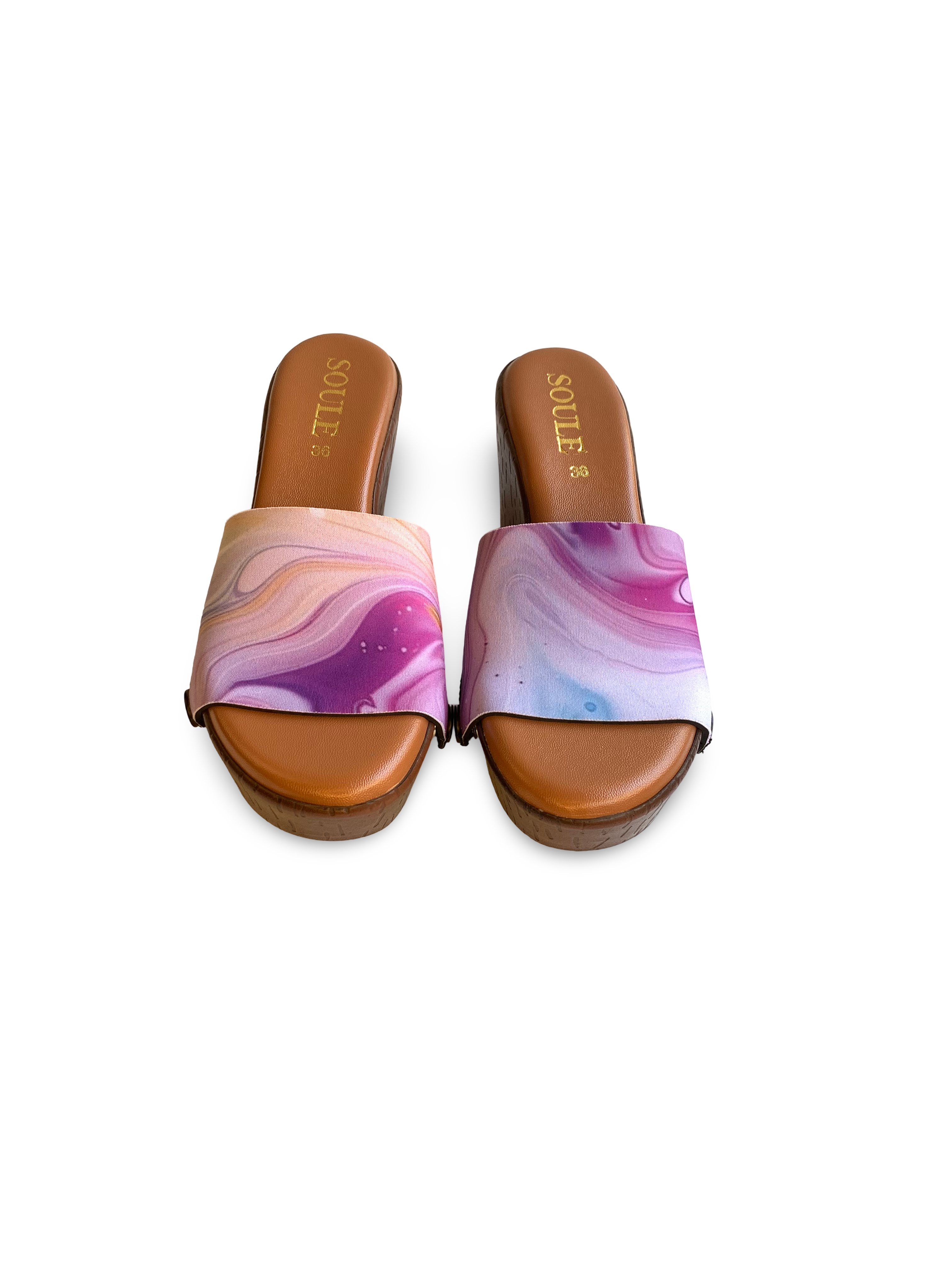 Close-up of Enchanting Fluid pastel pink lavender and peach fluid art interchangeable strap on brown wedge sole by Soule Footwear