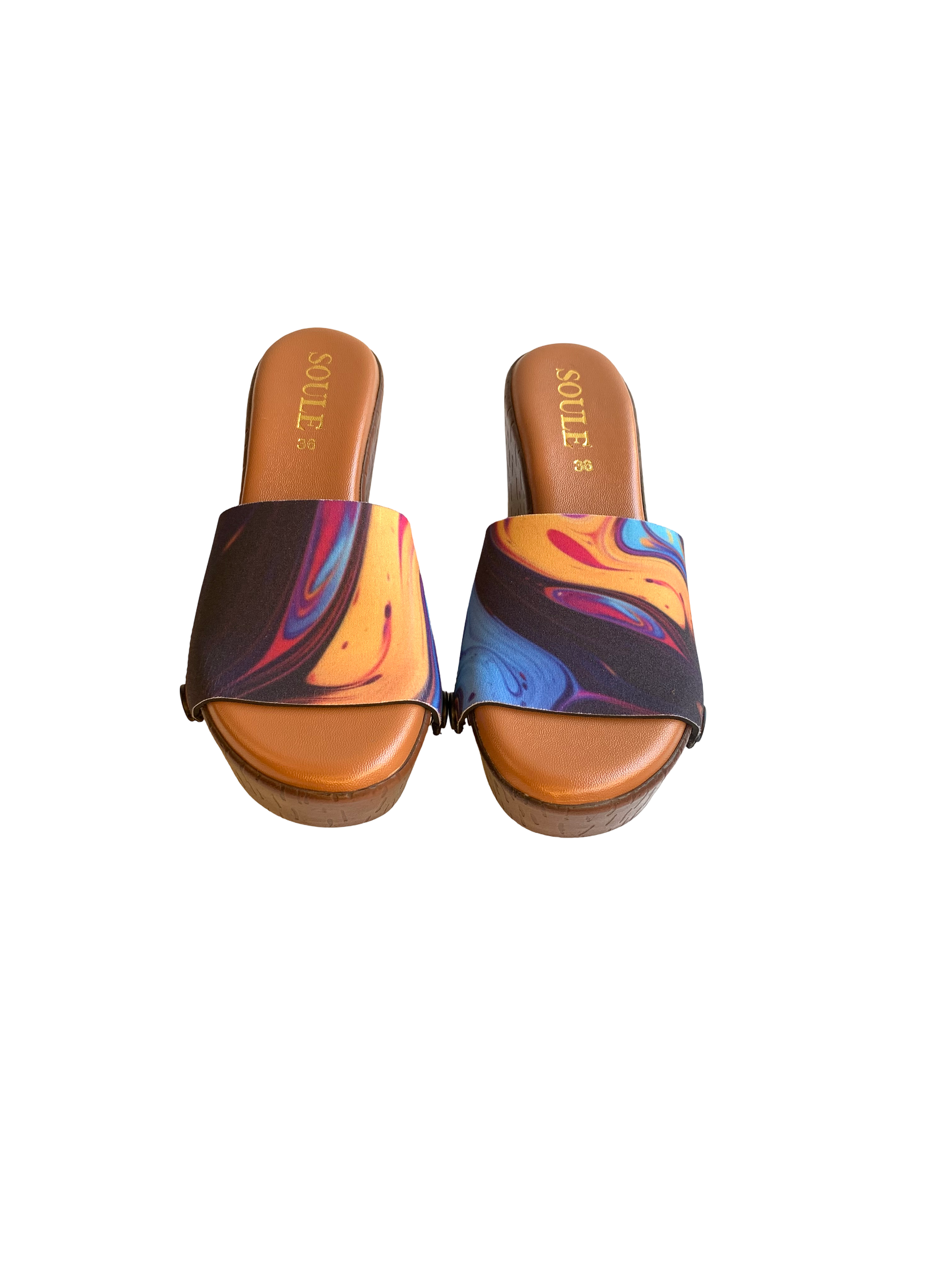 Close-up of Mesmerising Fluid Art bold neon navy yellow cyan and pink fluid art interchangeable strap on brow wedge sole by Soule Footwear 