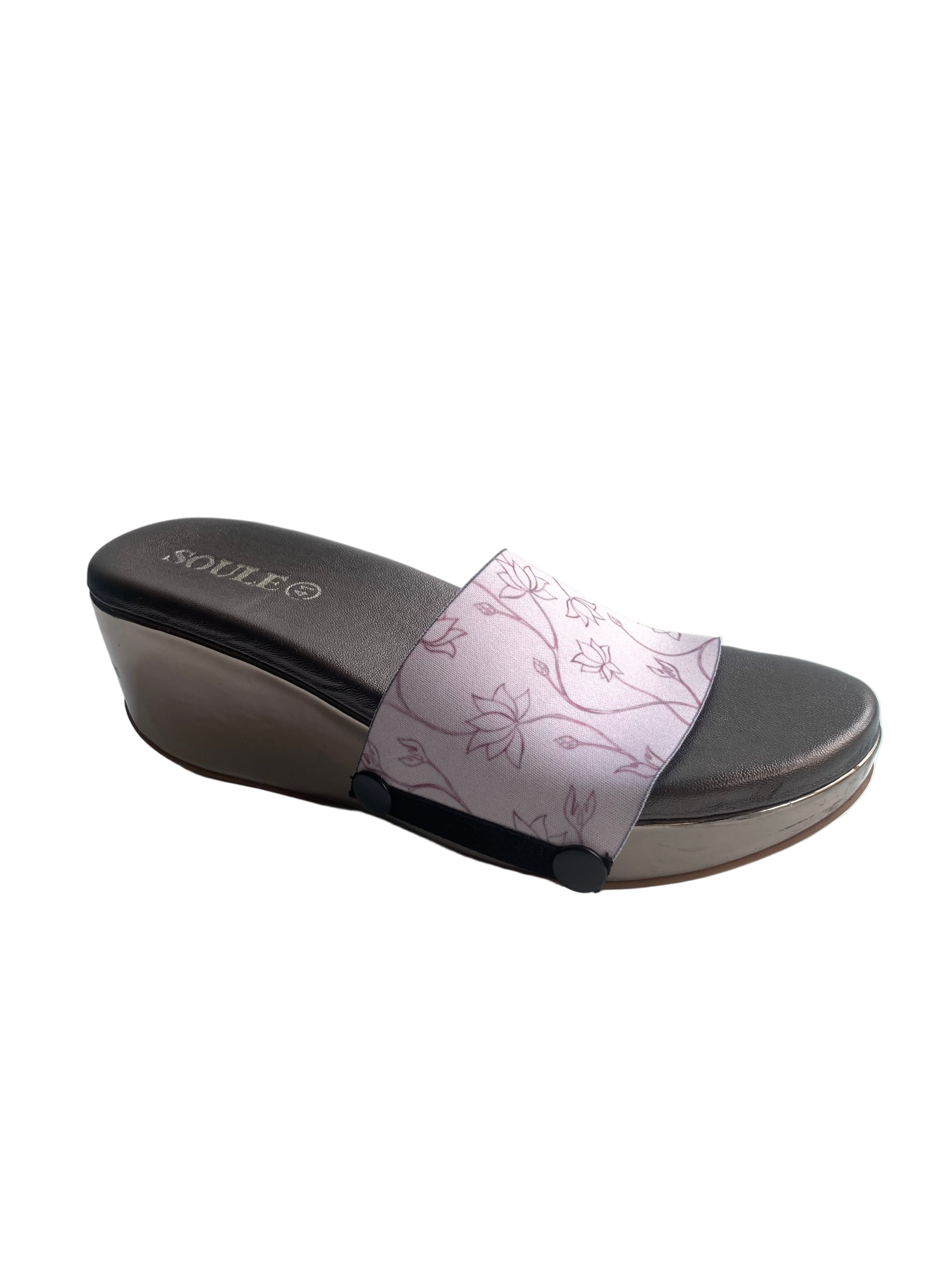 Lotus Bloom interchangeable strap on Soule wedge sole - portrait view