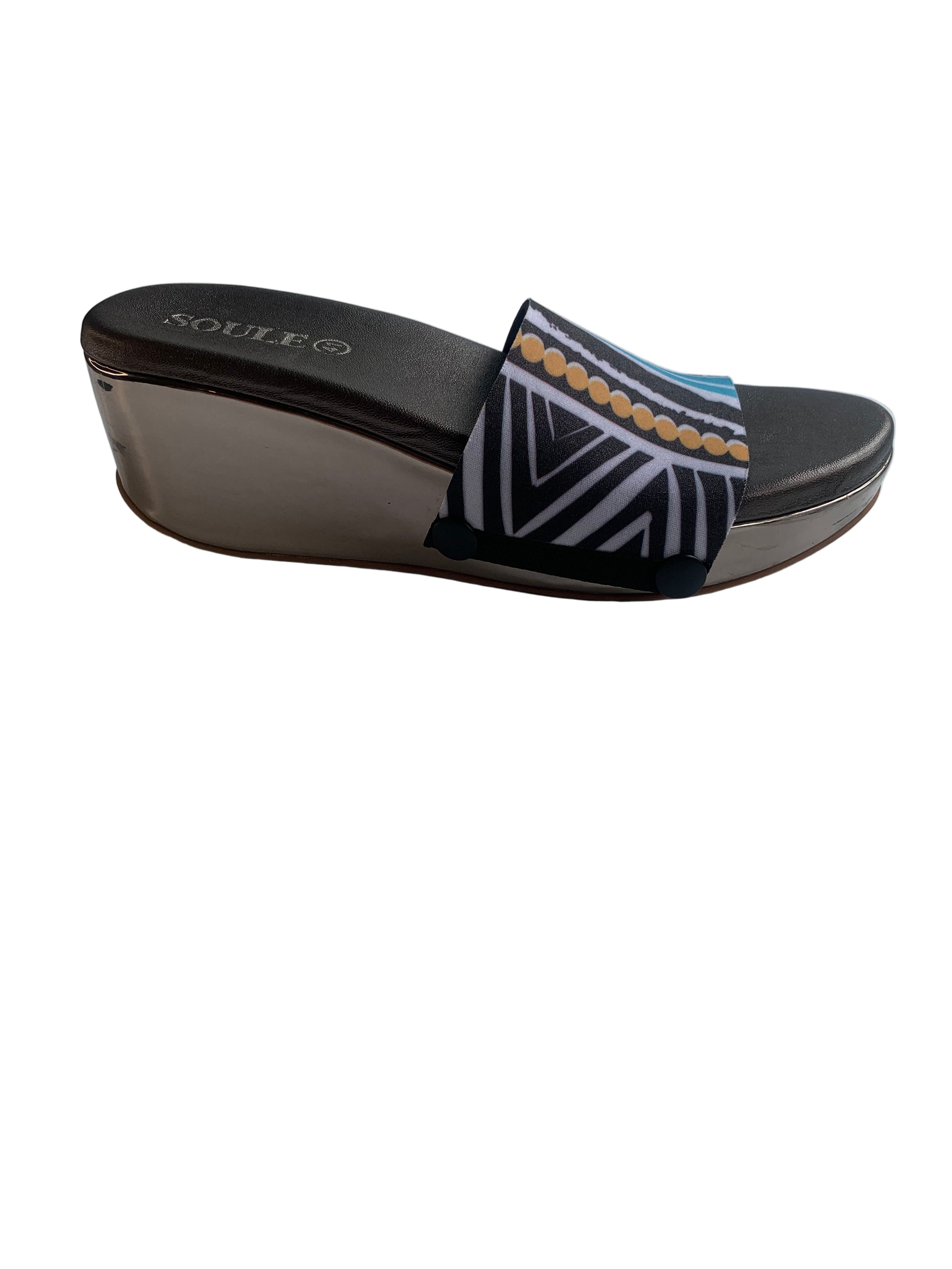 Midnight Maze interchangeable shoe strap — bold black and white Aztec geometric print with turquoise and gold accents, by Soule Footwear