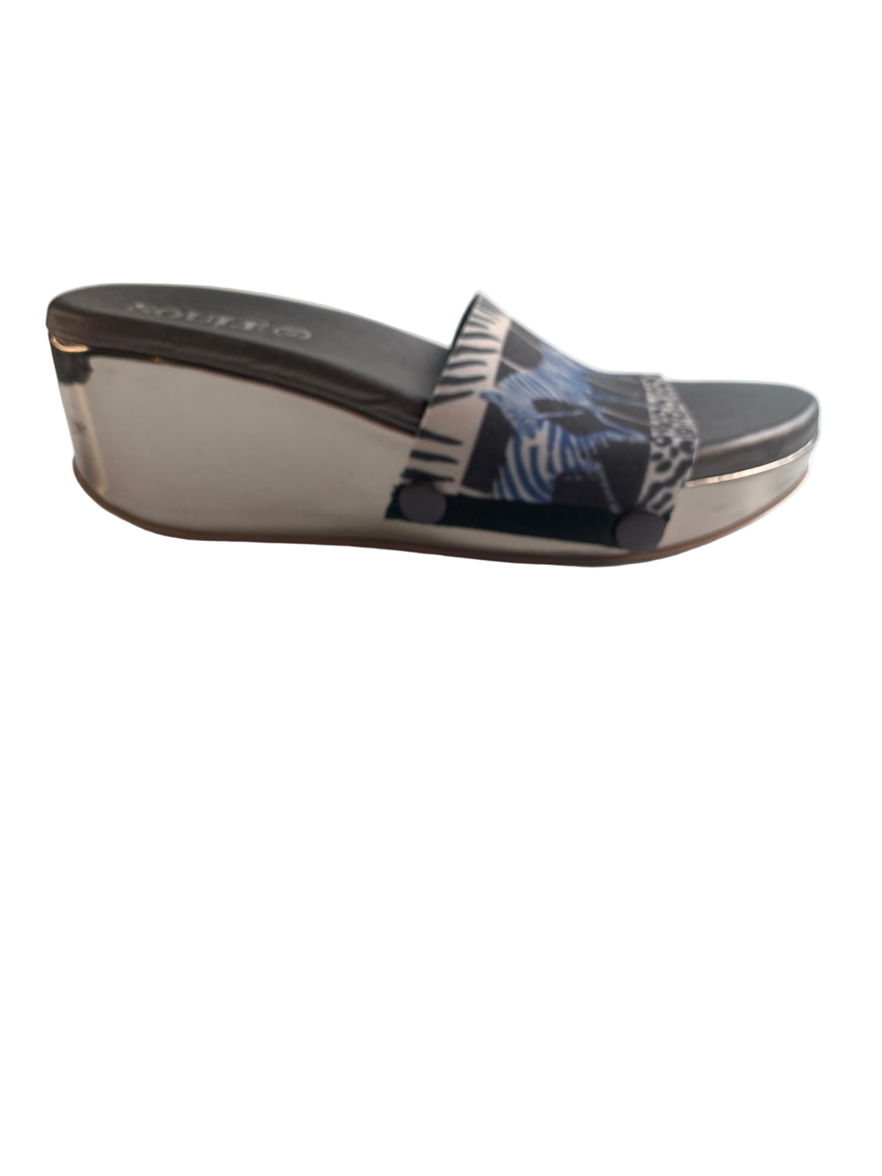 Zebra Luxe snap-on shoe strap set close-up on Gun metal wedge -  zebra stripes, blue zebra herd by Soule