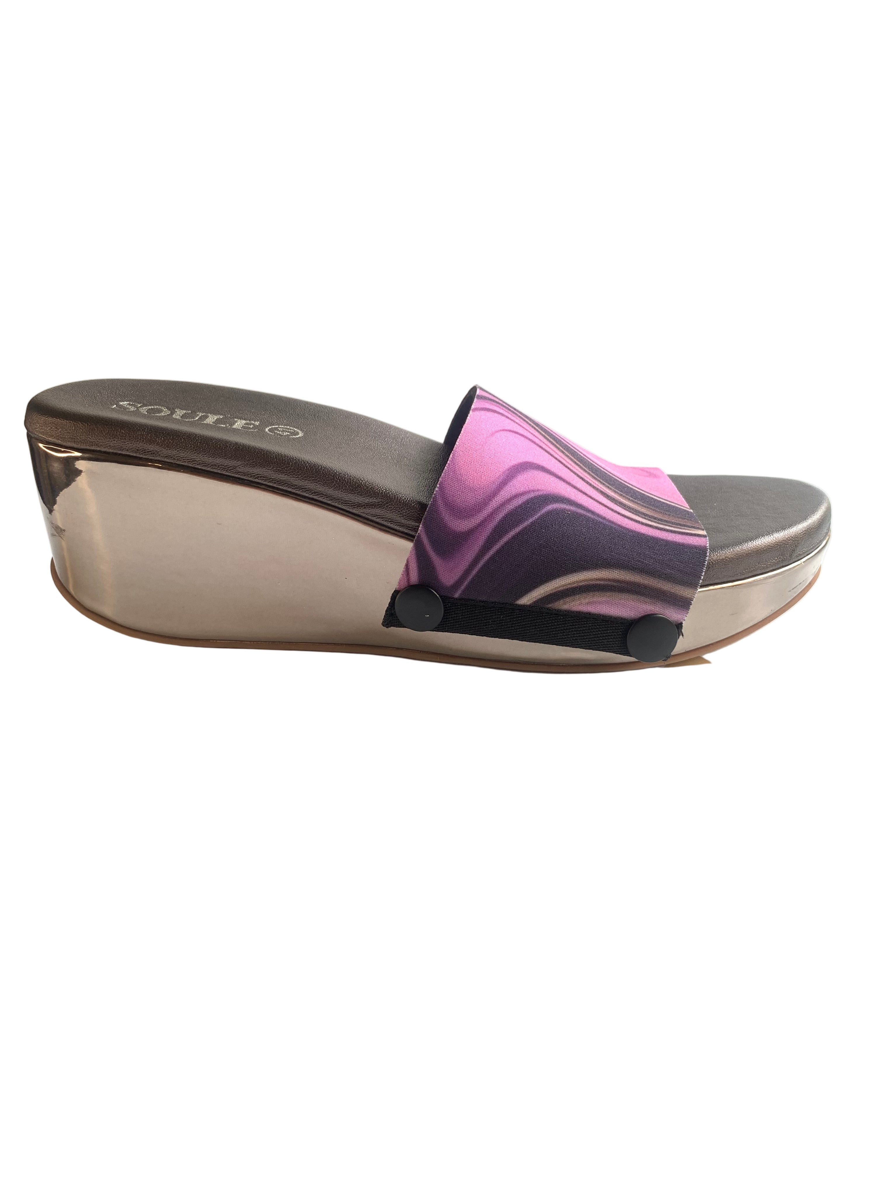 Close-up of Pink Swirl Symphony pink purple and gun metal wedge sole by Soule Footwear
