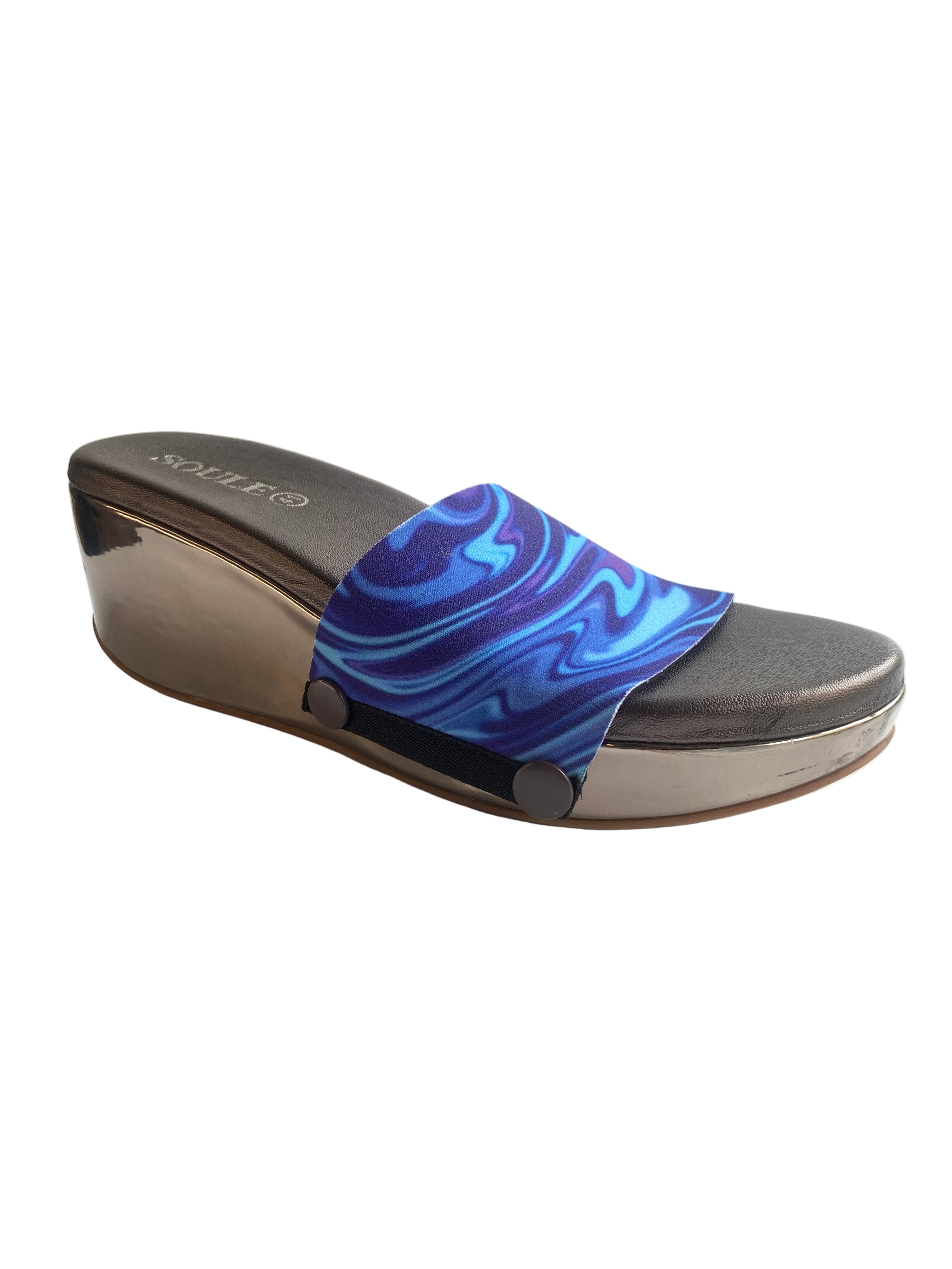 Whimsy of Fluid Art interchangeable strap close-up showing blue purple swirl print