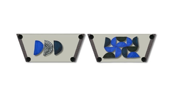 Geometric snap-on shoe strap close-up on cork wedge - silver grey with navy mosaic and concentric arch by Soule