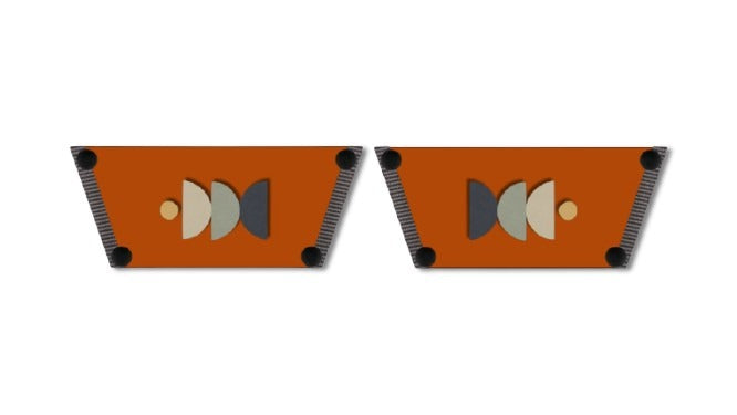 Abstract Pebbles snap-on shoe strap close-up on cork wedge - terracotta with white and grey abstract shapes by Soule