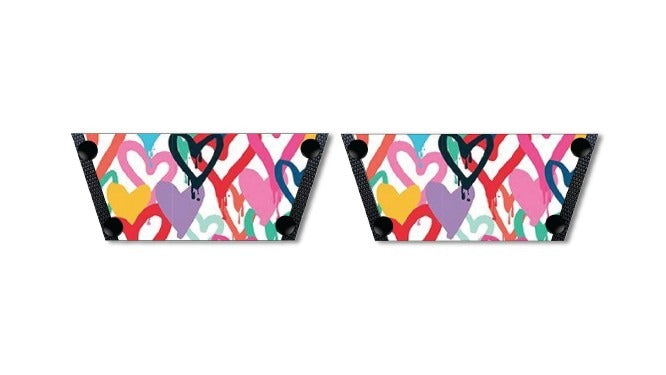 Cheerful Hearts snap-on shoe strap flat lay — graffiti pop art hearts in multicolour on white, interchangeable with all Soule soles, by Soule Footwear