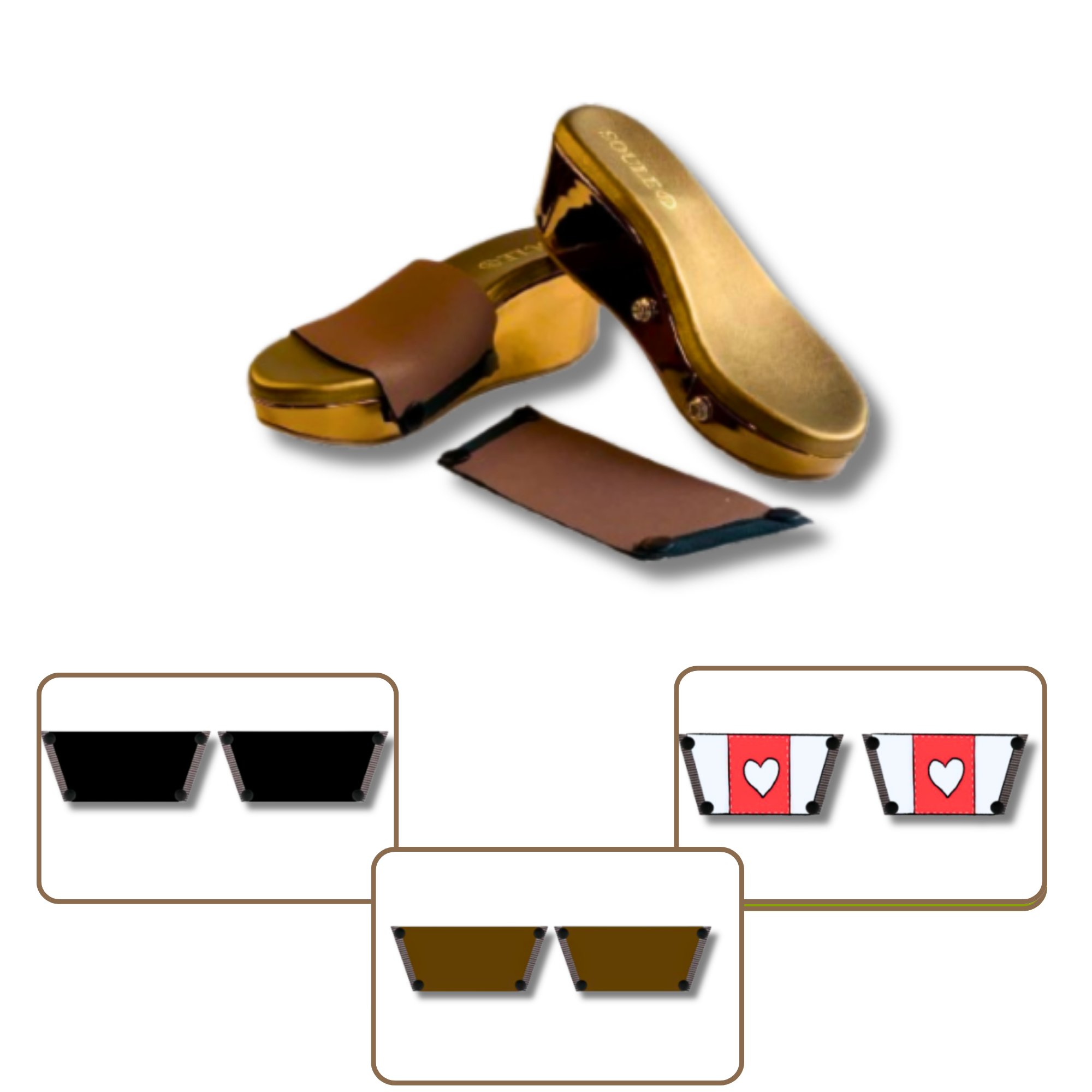 Soule gold wedge sandal shown with mocha strap combination — Love Pop + Midnight Black + Mocha Essence combo