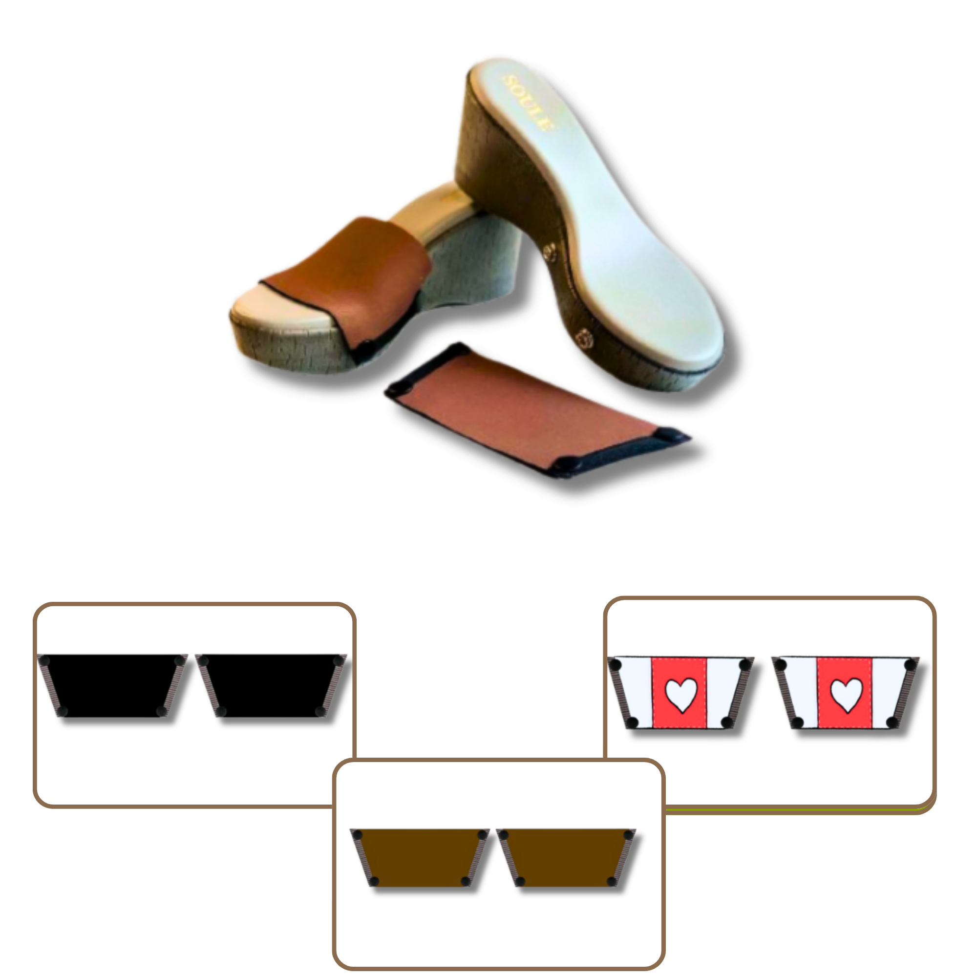Soule grey brush wedge sandal shown with mocha strap combination — Love Pop + Midnight Black + Mocha Essence combo